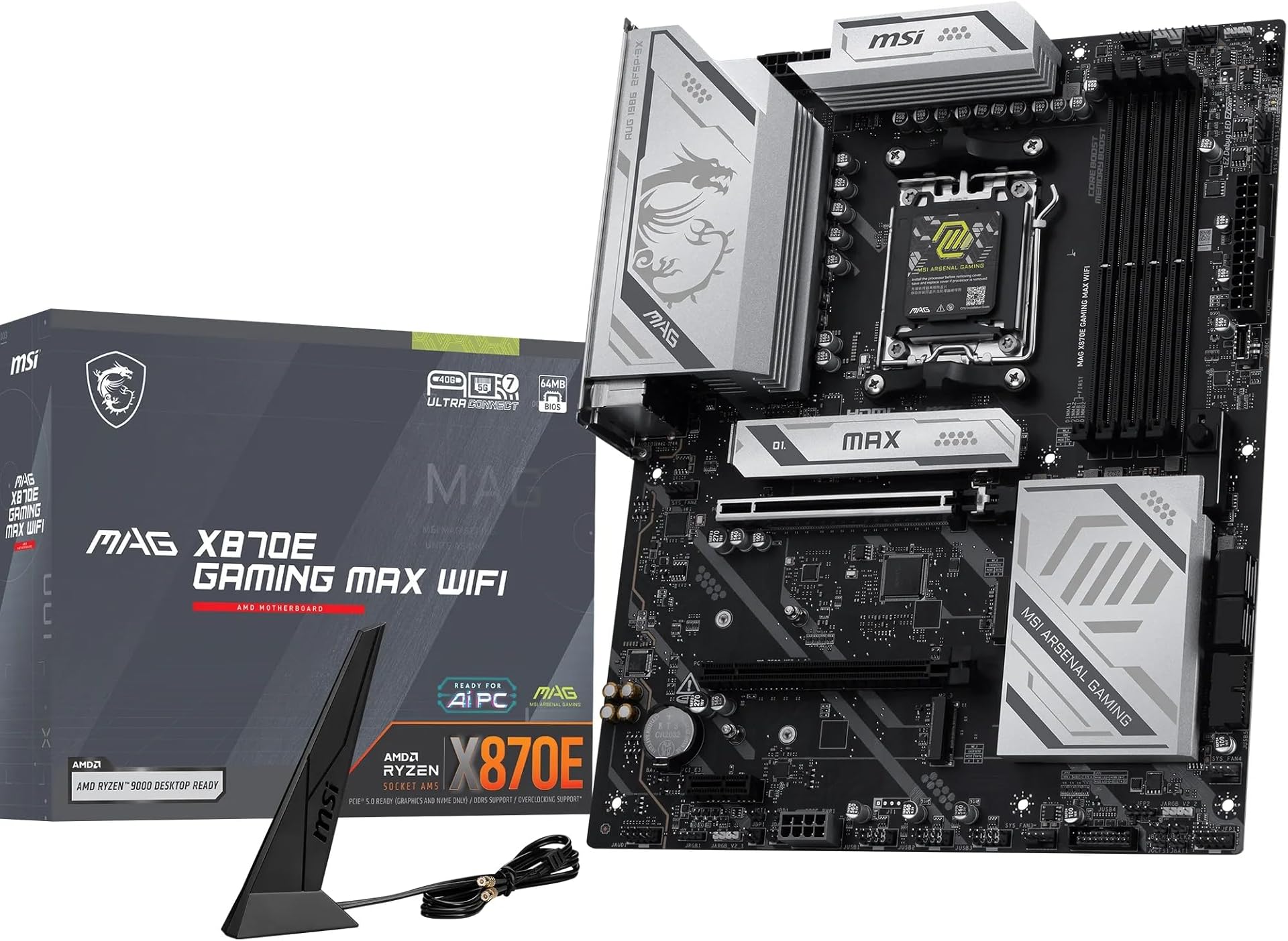 MSI MAG X870E GAMING MAX WIFI Motherboard, ATX - Supports AMD Ryzen 9000/8000 / 7000 Processors, AM5 - DDR5 Memory Boost (up to 8200+ MT/s OC), PCIe 5.0 x16, M.2 Gen5, Wi-Fi 7, 5G LAN