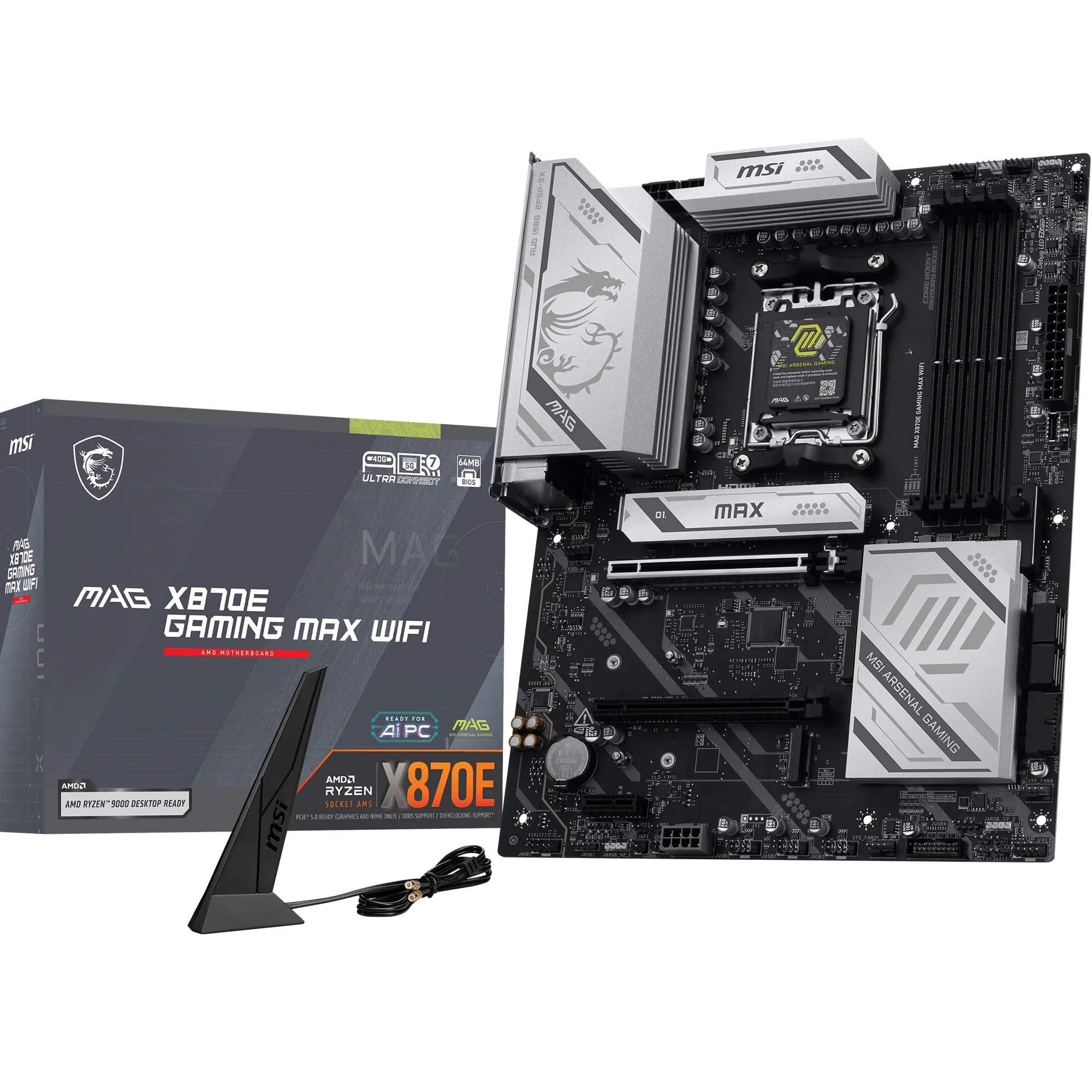 MSI MAG X870E Gaming MAX WiFi Mainboard, ATX - Unterstützt AMD Ryzen 9000/8000 / 7000 Prozessoren, AM5 - DDR5 Memory Boost (bis zu 8200+ MT/s OC), PCIe 5.0 x16, M.2 Gen5, Wi-Fi 7, 5G LAN