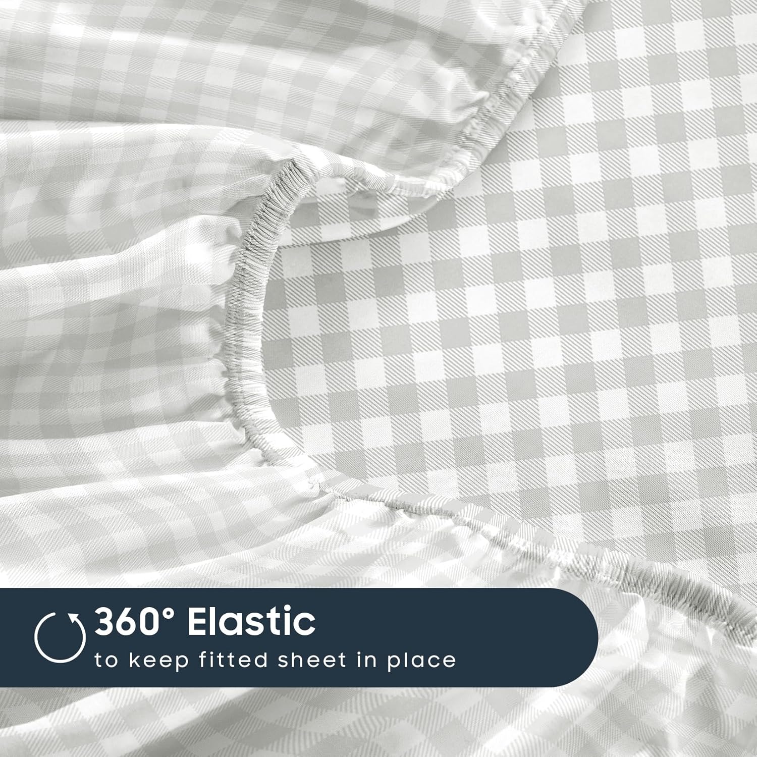 Wake In Cloud - Gingham Bed Sheets, 4-Piece Sheet Set, Plaid Checkered Check Pattern Printed Cute Preppy College Dorm Bedding, Deep Pocket, Light Gray, Queen Size