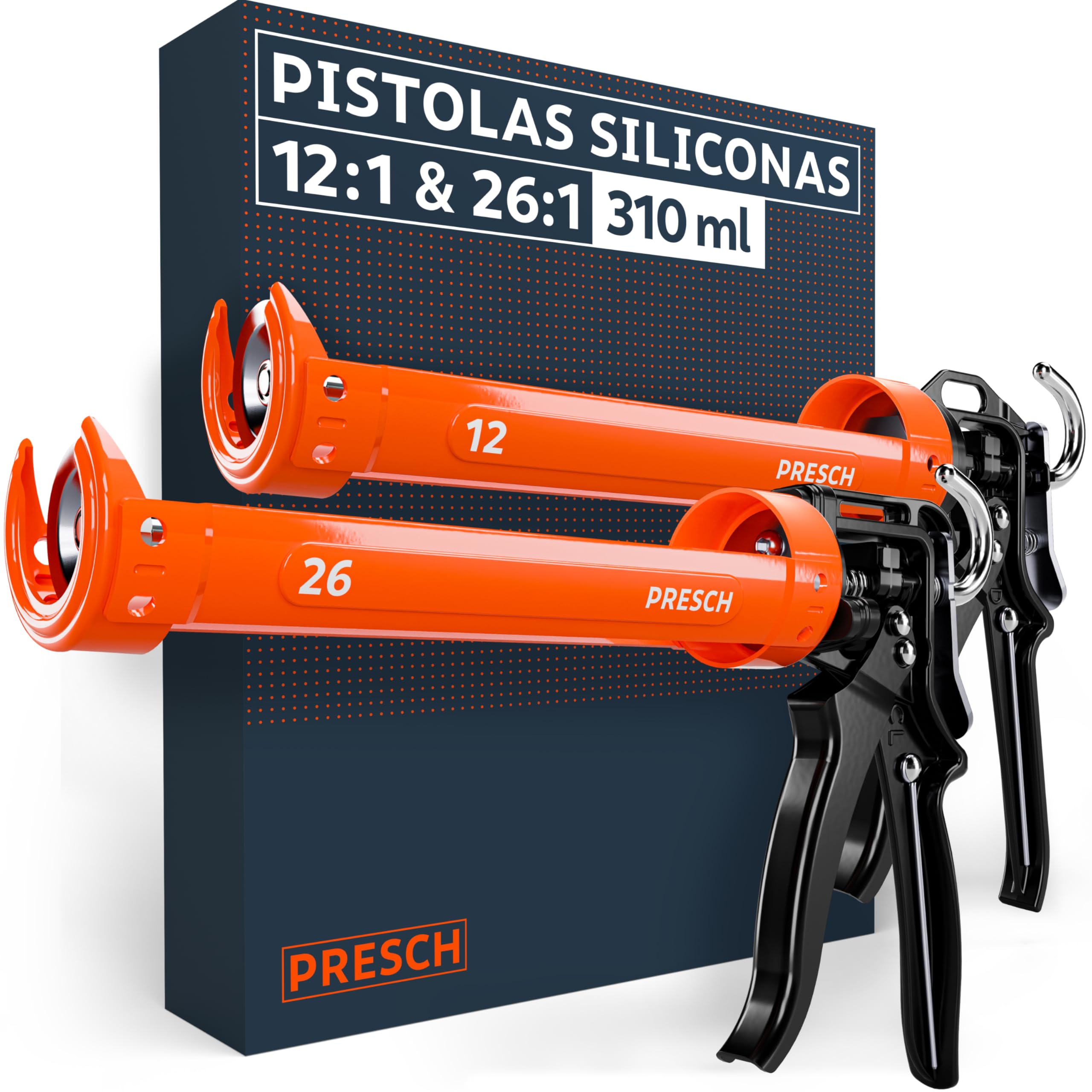 Presch Juego Pistola Silicona 26:1 & 12:1 con antigoteo – Para cartuchos hasta 310 ml (acrílico, silicona, adhesivo alta adhesión) – Cartuchera pistola giratorio 360° incl. aguja de perforación