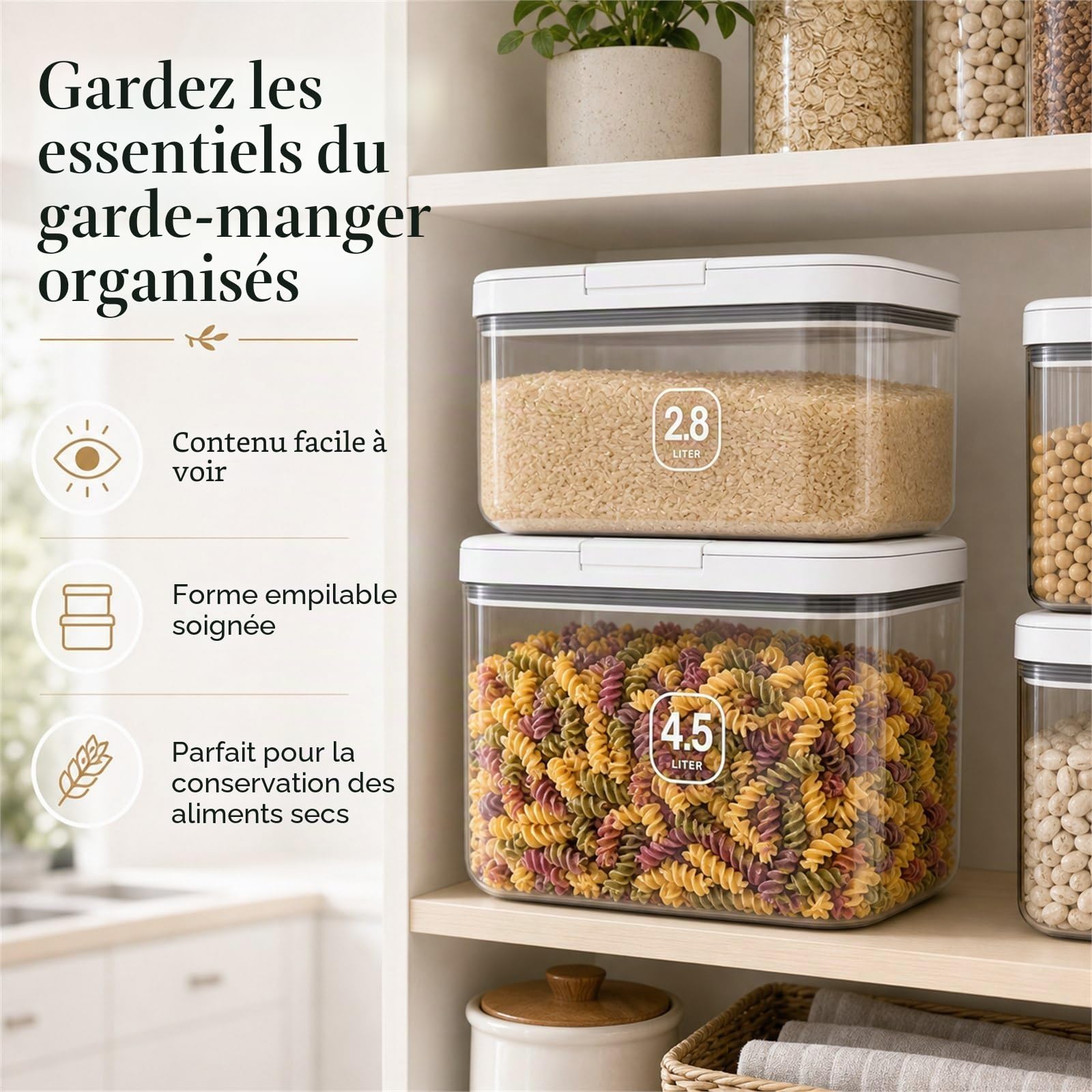 STARVAST Boîtes de conservation pour farine 4,5+2,8 litres, boîte de rangement pour la cuisine, conservation de riz avec jauge, boîtes de conservation avec couvercle hermétique, récipients de stockage