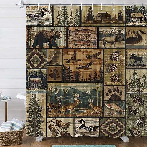 Cortina de ducha rústica de oso retro, juego de cortinas de ducha estilo cabaña, estilo retro, alce, granja, granja, pinos, pez, colina de montaña,