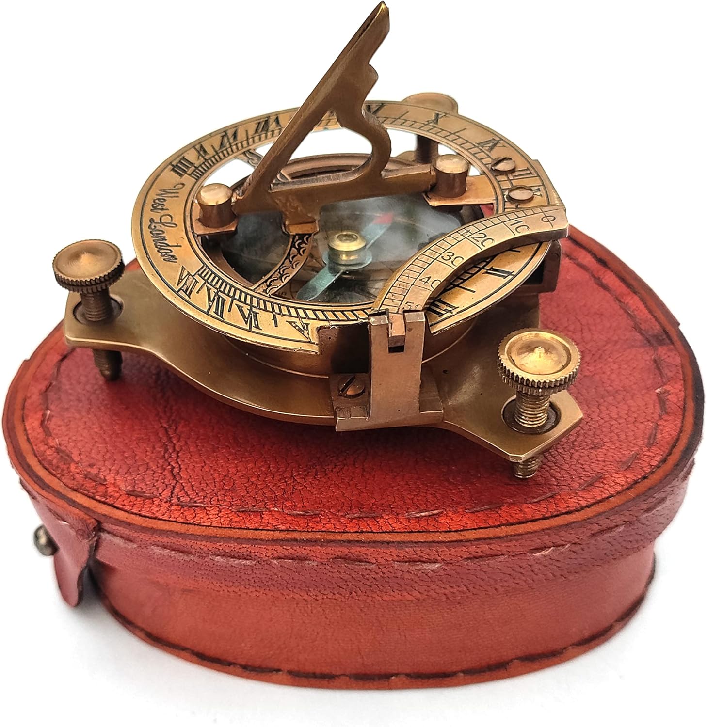 Vintage Brass Sundial Compass with Leather Case – 3" Nautical Antique Compass for Camping, Hiking & Travel for Birthday, Graduation & Adventure Lovers