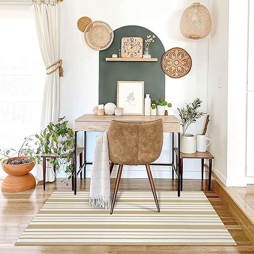 Miniatura 4 de Alfombra a rayas marrones y blancas para exteriores, 3 x 5 pies, de algodón, tejida a mano, reversible, plegable, lavable, alfombra para exteriores,