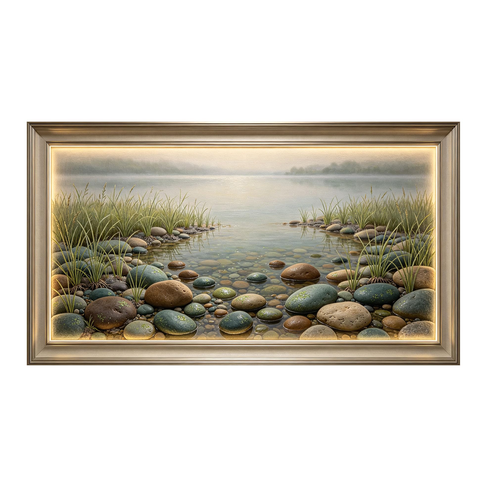 Yzpallescene 3D Framed Wall Art 50cm×100cm Coastal Lake Shoreline Watercolor Panoramic Large Size SelfAdhesive Removable Wall Decor Prints Artwork for Living Room Bedroom Office