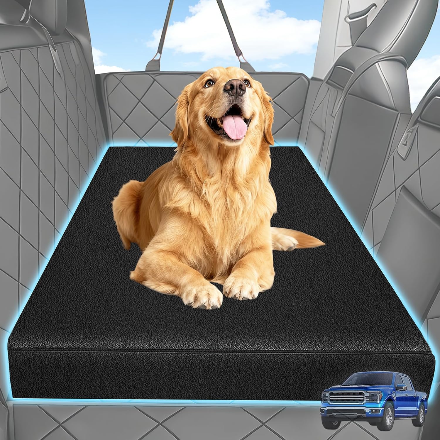 Backseat Dog Bed, Dog Bed for Car Back Seat, 4in Thick PU Leather Pet Bed for Backseat Extender – Waterproof, Scratch-Proof, Non-Slip, Washable for Full-Size Trucks & Larger SUVs (55"x26.5", Black)