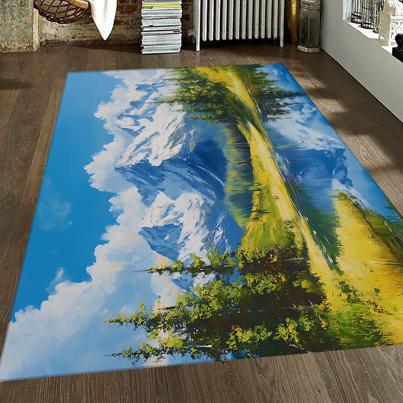 Mountain Forest Teppich fürs Wohnzimmer Aquarell Frühlingslandschaft Waschbare Fläche Teppiche Blau weich dünn großer Teppich für Schlafzimmer Bauernhaus 90x120cm