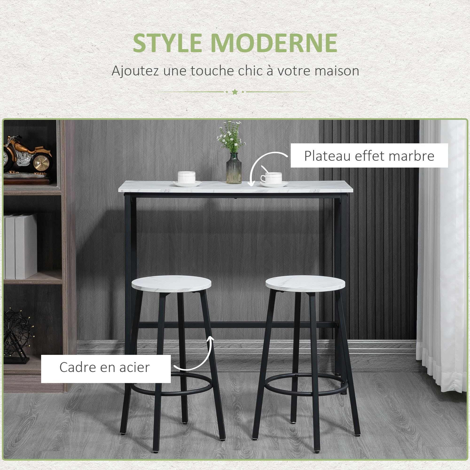 HOMCOM Set Table de Bar + 2 tabourets en Acier Plateau Aspect marbre 2 Personnes Blanc