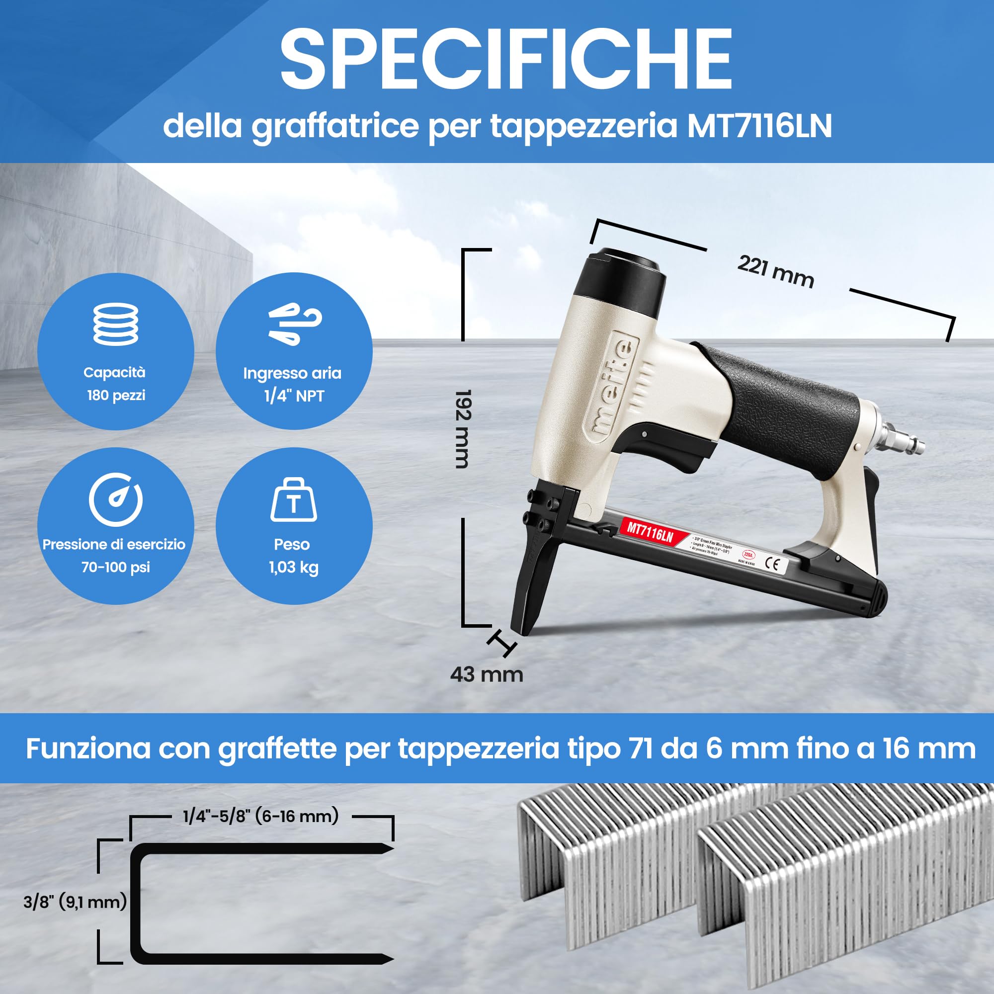 meite MT7116LN Pistola sparachiodi ad aria compressa, graffatrice pneumatica a becco lungo per tappezzeria, pistola sparachiodi leggera 22GA per mobili e lavorazione del legno