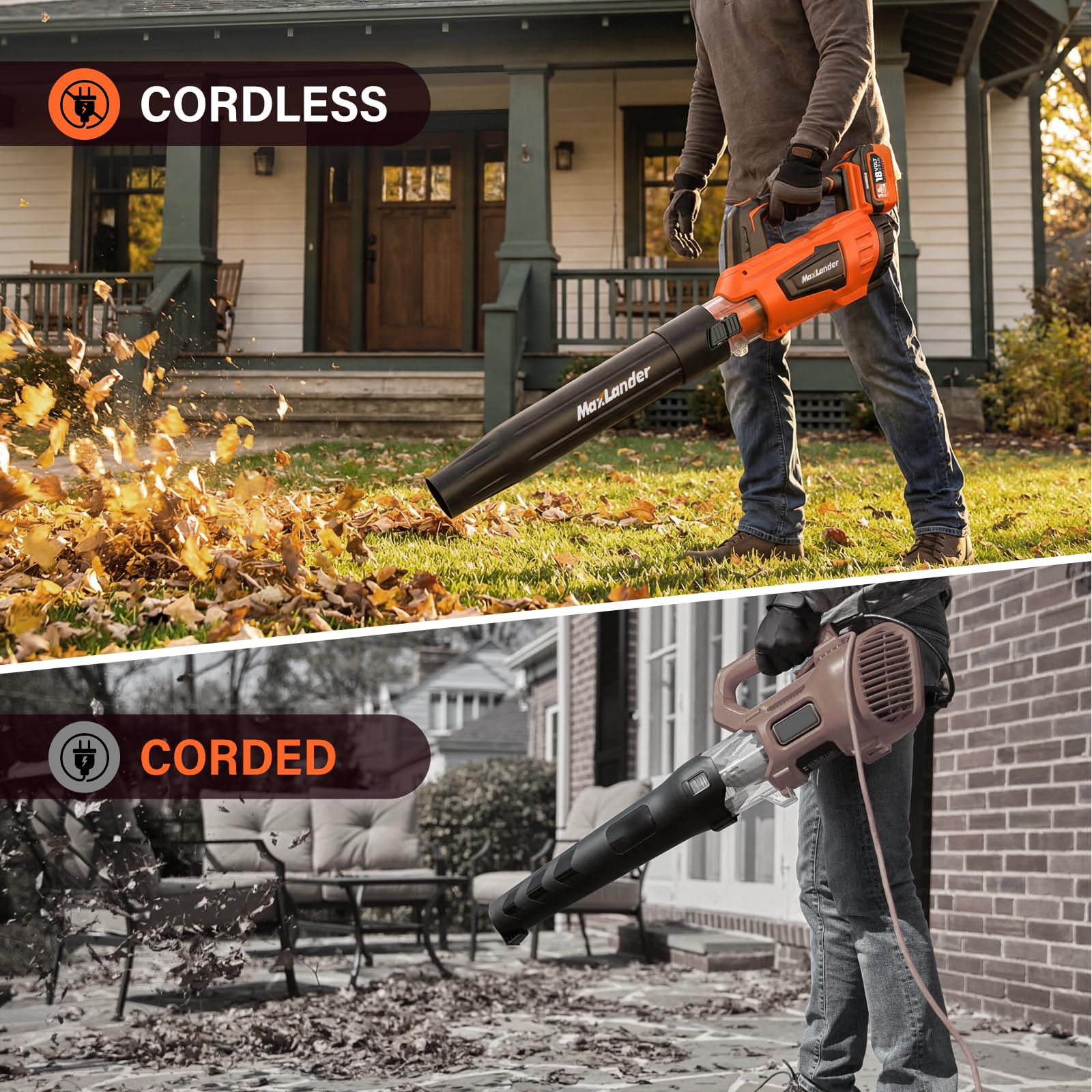 MAXLANDER Soplador de hojas, soplador de hojas eléctrico inalámbrico y aspiradora con 2 baterías de 3.0 Ah y cargador, 350 CFM y 100 MPH, y modo de 2 velocidades, para limpieza de patio, cuidado del