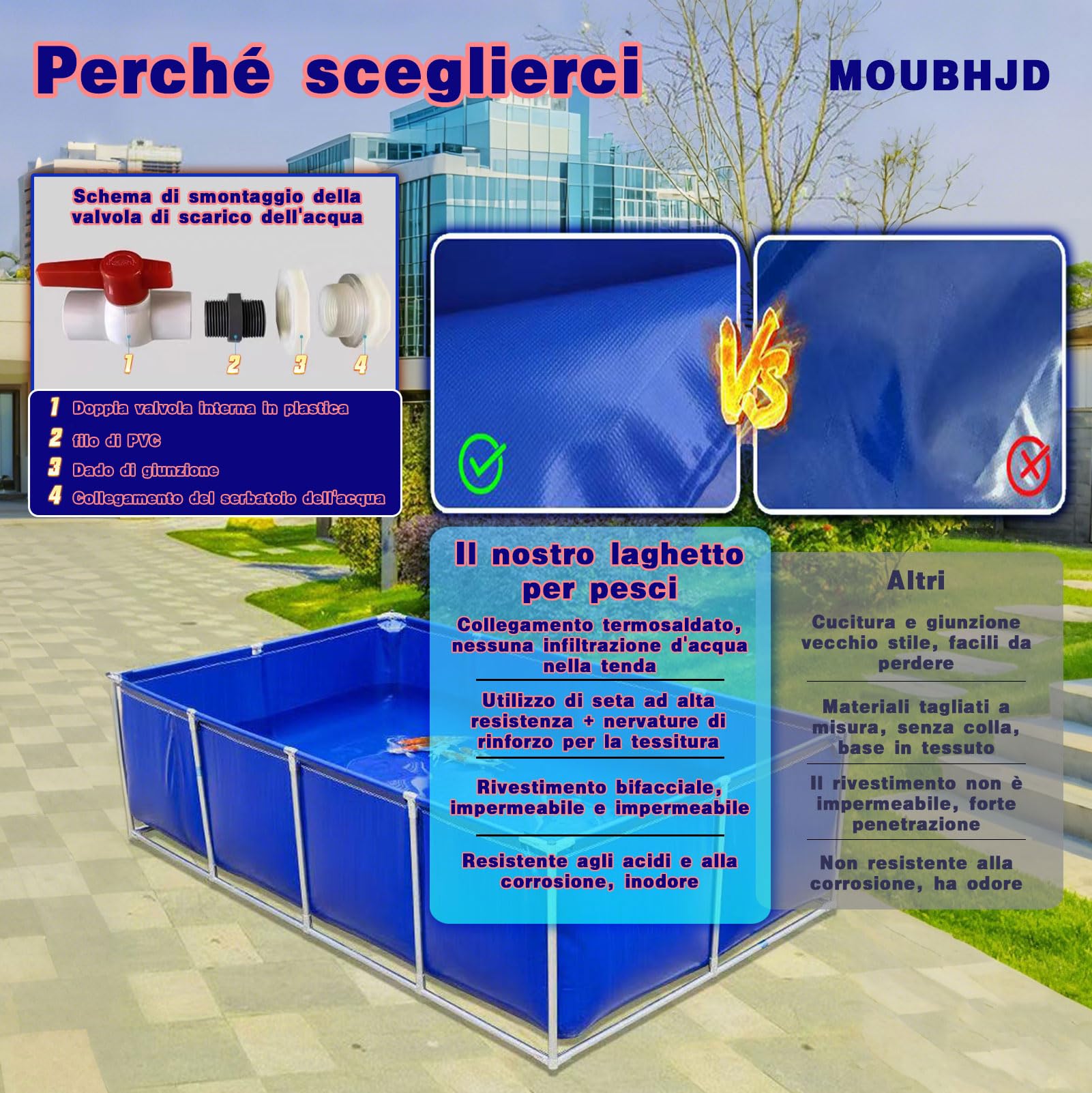 Laghetto Temporaneo in PVC per Pesci, Piscina Fuori Terra con Telaio di Acciaio, Serbatoio per Koi e Pesci Rossi, Facile Installazione