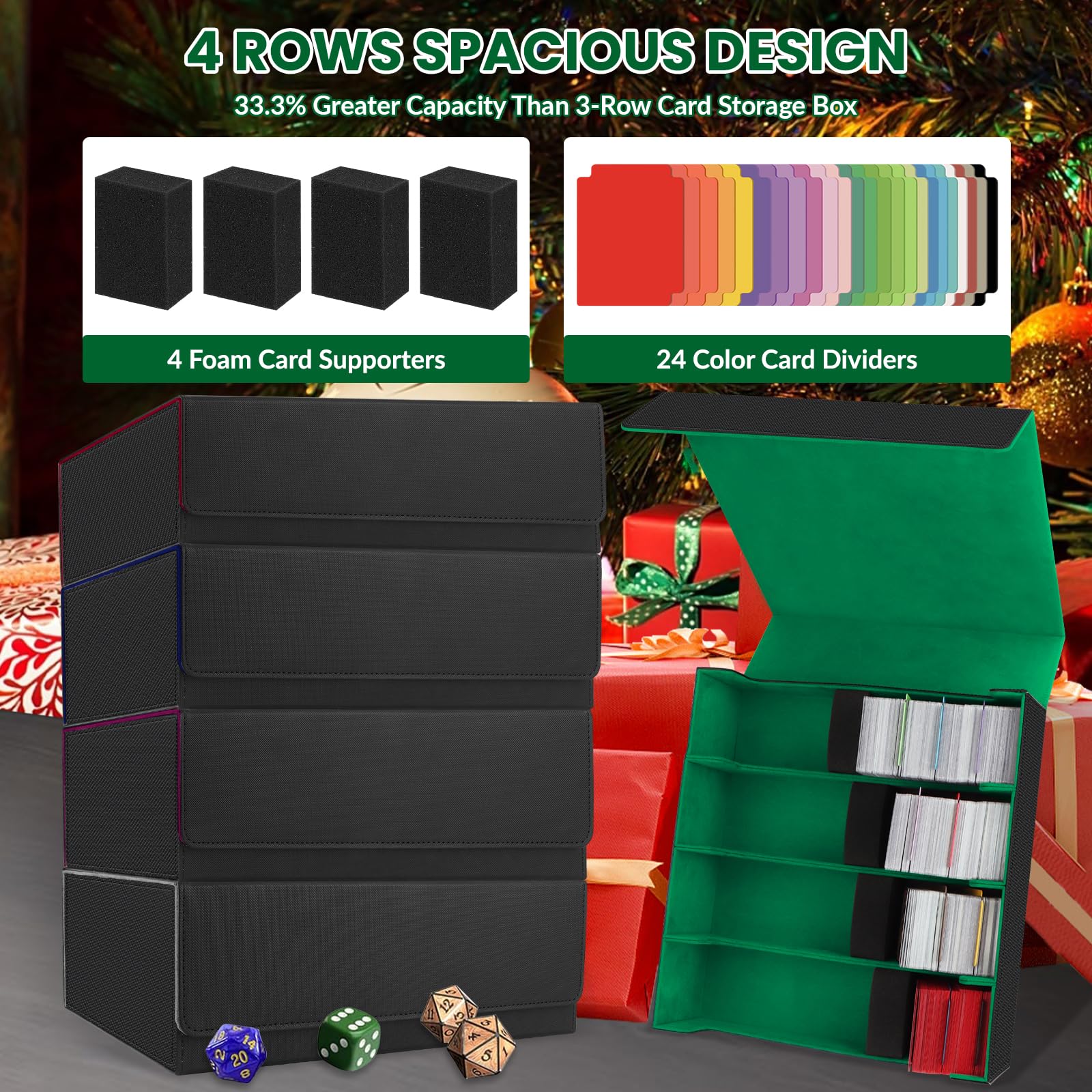 Caja de Tarjetas para Más de 3200 Tarjetas, Cajas de Almacenamiento de Tarjetas Coleccionables con 24 Divisores de Colores y 4 Espuma, Cajas de Cubierta Magnéticas Premium, para TCG Magic(Negro Verde)