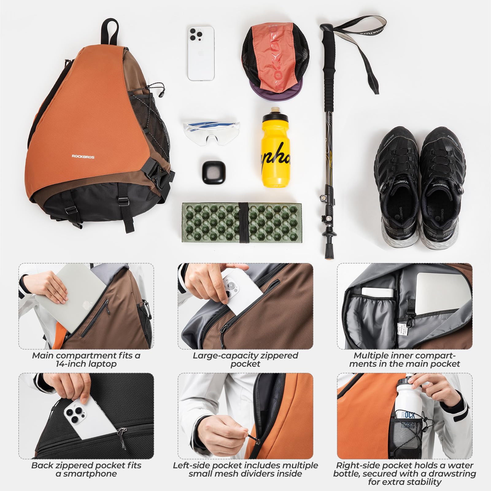 ROCKBROS Plecak Sling Duży, Plecak Sling z Zapięciem Magnetycznym, Torba Krzyżowa z Wieloma Przegrodami na Outdoor, Rower, Podróże, Wędrówki, Mężczyźni i Kobiety