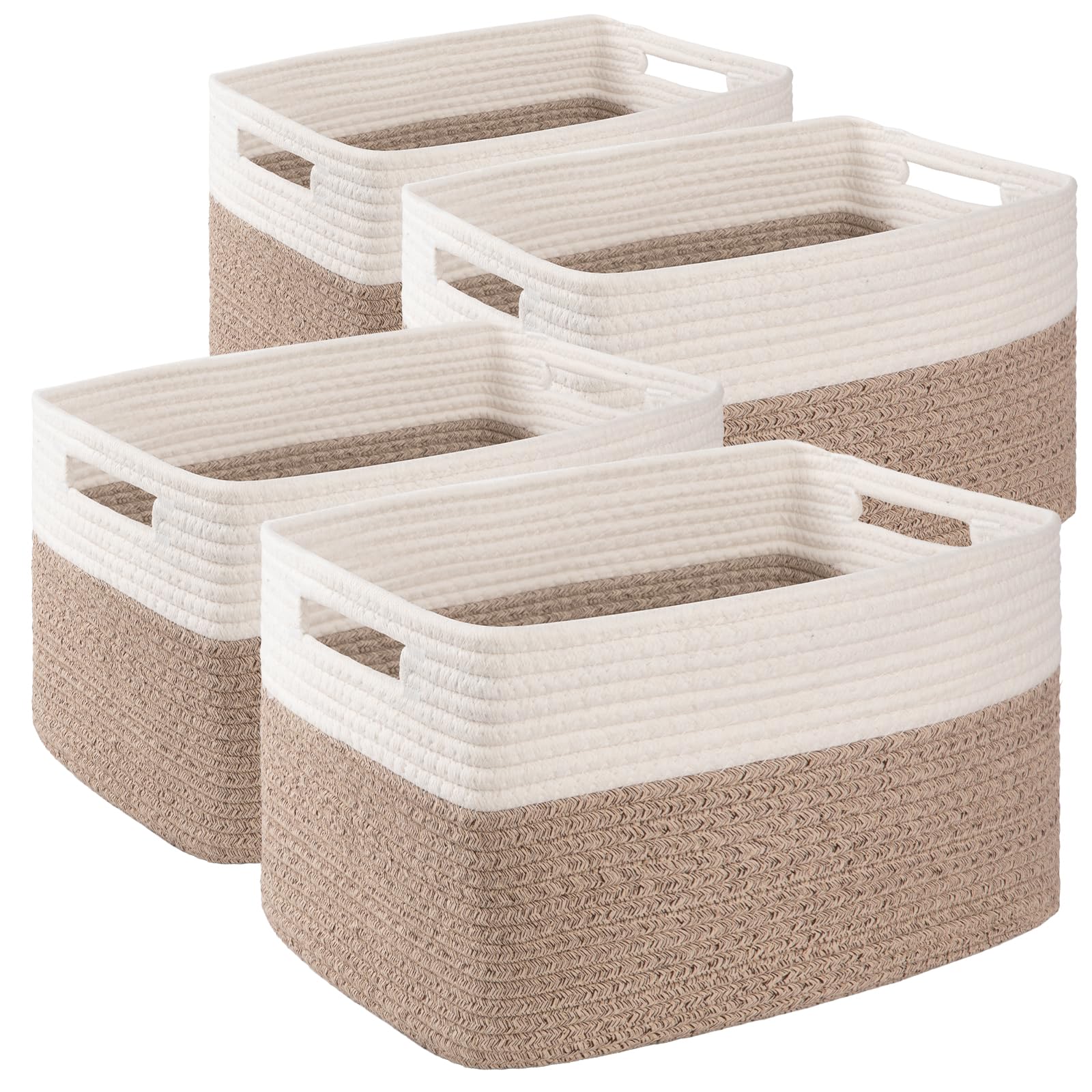 4 Pack Storage Baskets for Organizing, Woven Baskets for Shelves - Perfect for Toys, Books, Towels, and Clothes, Durable Gift Basket Bins Toy Storage, 15.7''Lx11.8''Wx7.8''H, Brown & White