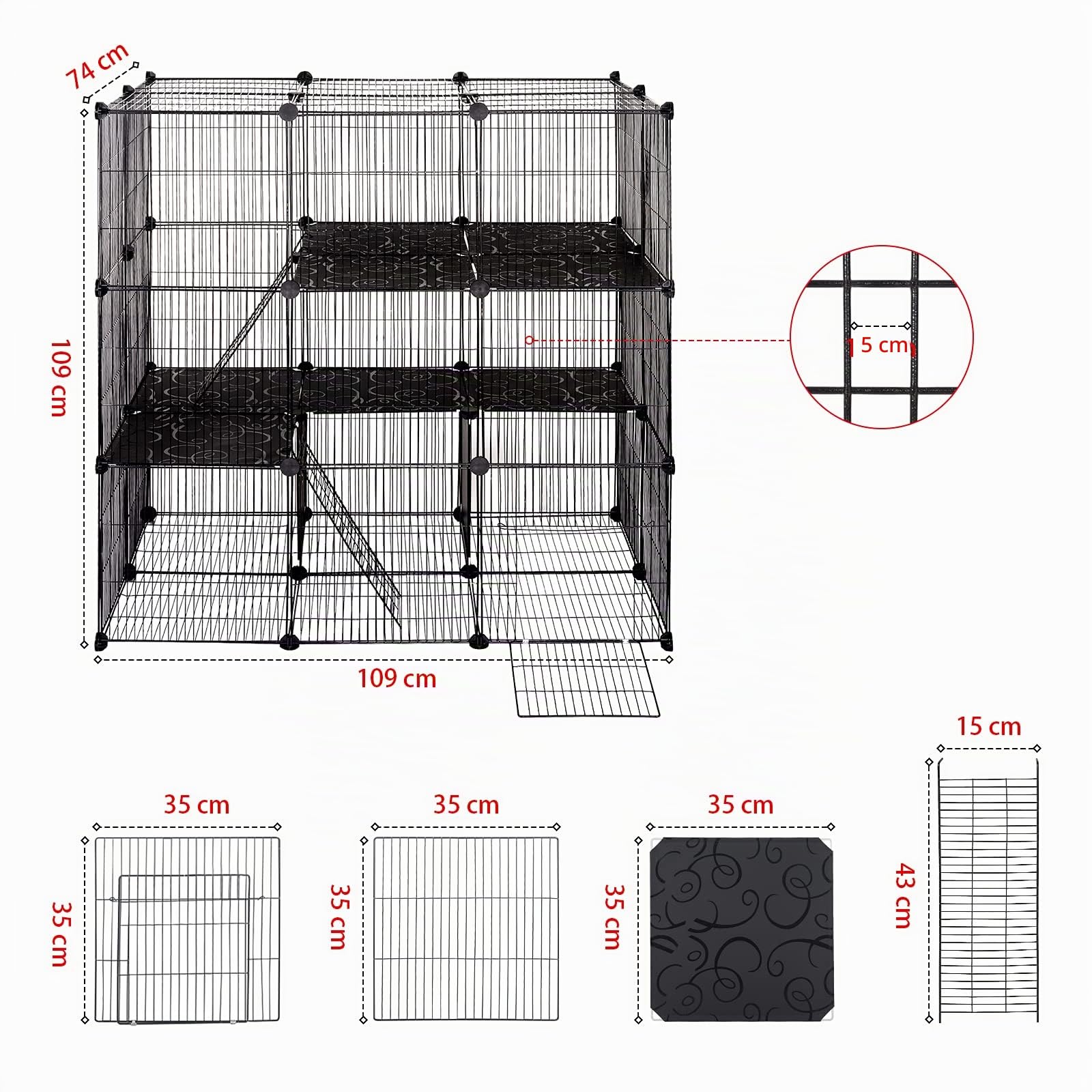 Parque para Mascotas, Recinto Conejos Valla para Animales Pequeños Cobaya Hámster Gatito Cachorros de Malla Metálica Ajustable con Puerta&Escalera Negro 109 x 74 x 109 cm