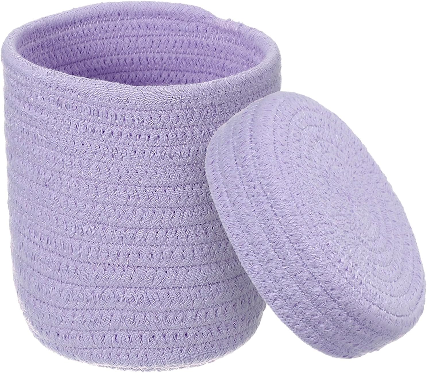 uxcell Light Purple Small Cotton Rope Woven Storage Basket, Shelf Closet Storage Gift Woven Baskets Cute Nursery Box Bin Decor Organization Bin for Home Supply, Round with Lid, 5.8x5.6"