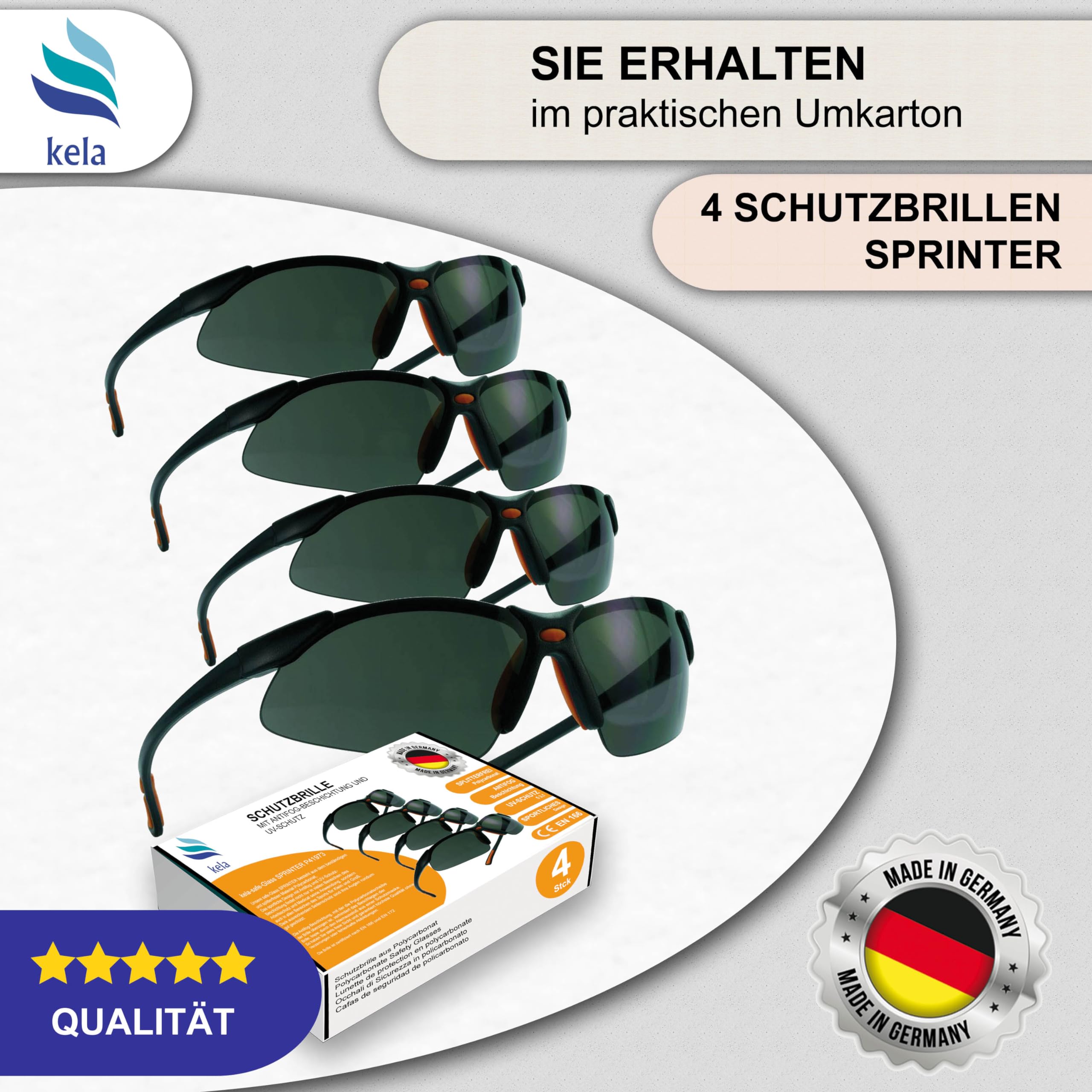 kela 12x gafas de protección SPRINTER I 100% fabricadas en Alemania | Gafas de trabajo | tintadas y resistentes a los arañazos – Gafas de seguridad laborales con antivaho y revestimiento UV EN170 172