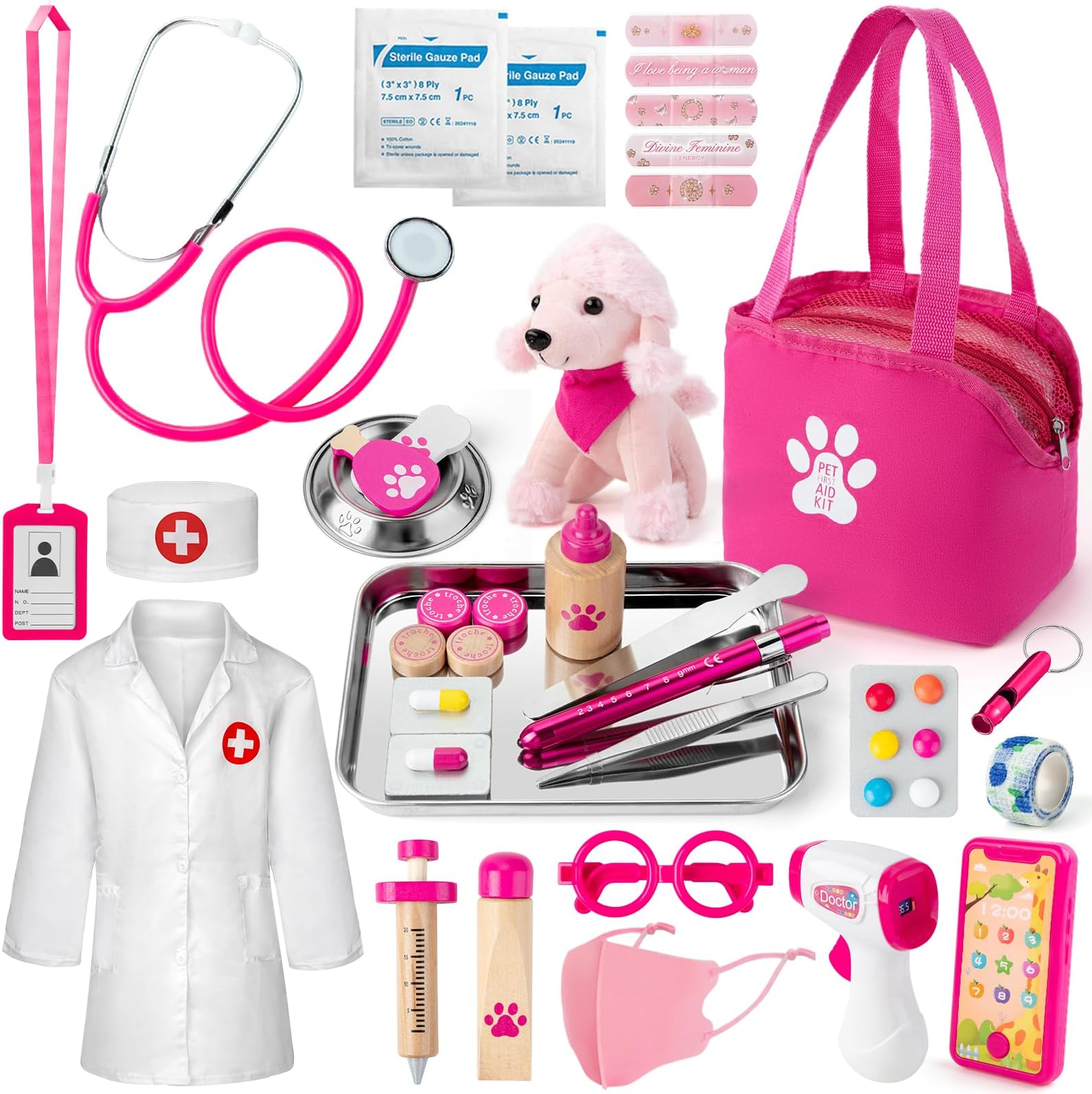 Doctors Set for Kids, Kids Pet Vet Care Playset with Real Stethoscope, Doctor Costume, Plush Dog and Syringe, Role Play Medical Toys for Girls Boys 3+ Year Old