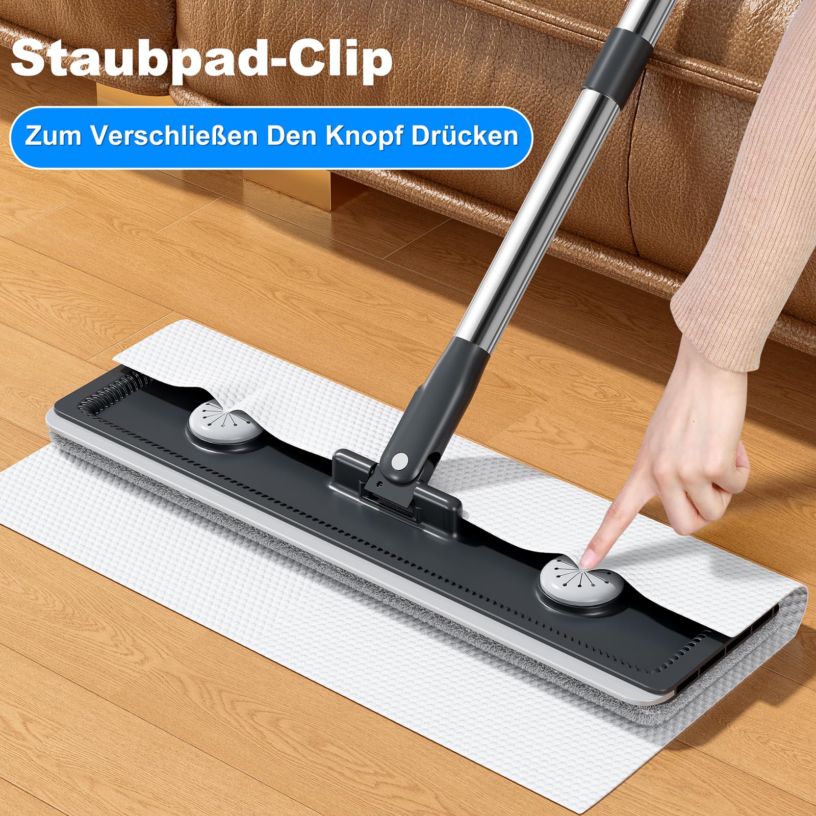 CTIME Bodenwischer Set, Wischmopp Set mit Eimer mit 4 Waschbaren Mikrofaser-Pads, Hand-Frei Wischmop Wischmop, Putzeimer mit Auswringfunktion für Hartholz Laminat Fliesen (33cm)