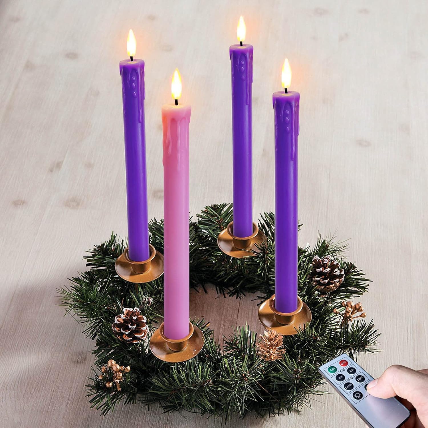 Set of 4 LED Christmas Candle Lights, Battery Operated Taper Candles for Advent Wreath, 3 Purple 1 Rose Flickering Wax Flameless Candles for Holiday School Church Celebration