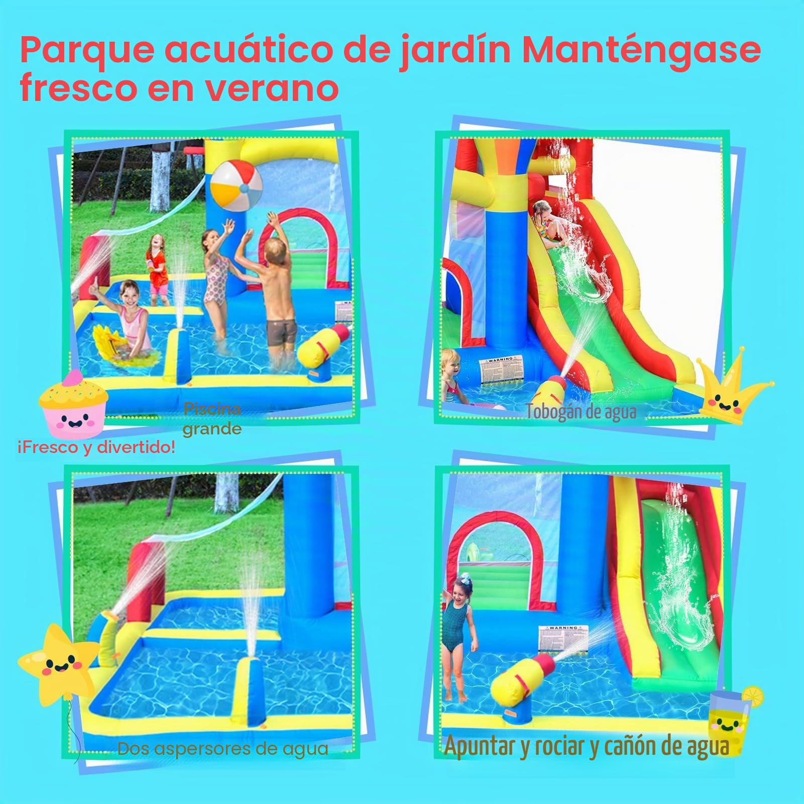Baralir Castillo Hinchable para Interiores, tobogán seco y Agua, Adecuado para niños de 3 a 8 años, Castillo Hinchable para Exteriores con Ventilador, 343 x 338 x 202 cm