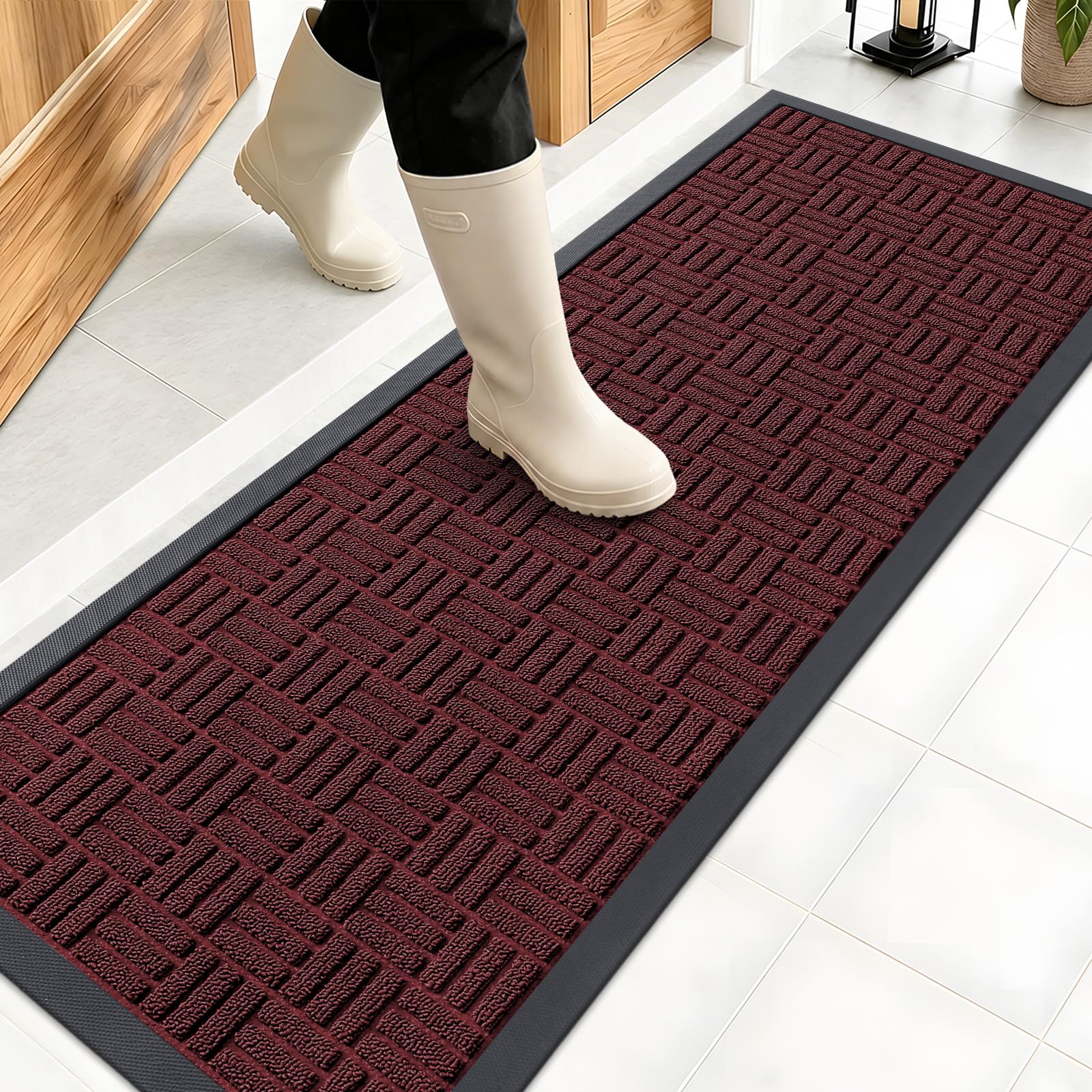 OLANLY Front Door Mat Outside Entrance 47x17, Absorbent, Heavy Duty Sturdy Natural Rubber Doormat Indoor Outdoor, Non-Slip, Stain and Fade Resistant, Low Profile Floor Mat for Entryway, Burgundy