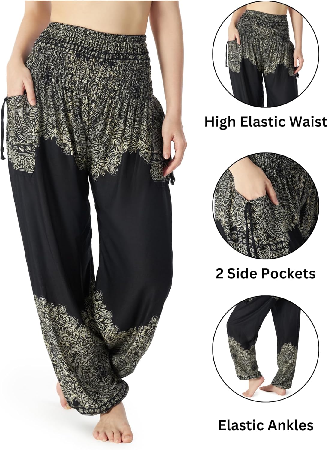Lannaclothesdesign Women's Smocked Waist Boho Flowy Yoga Harem Pants Hippie Clothes - Image 4