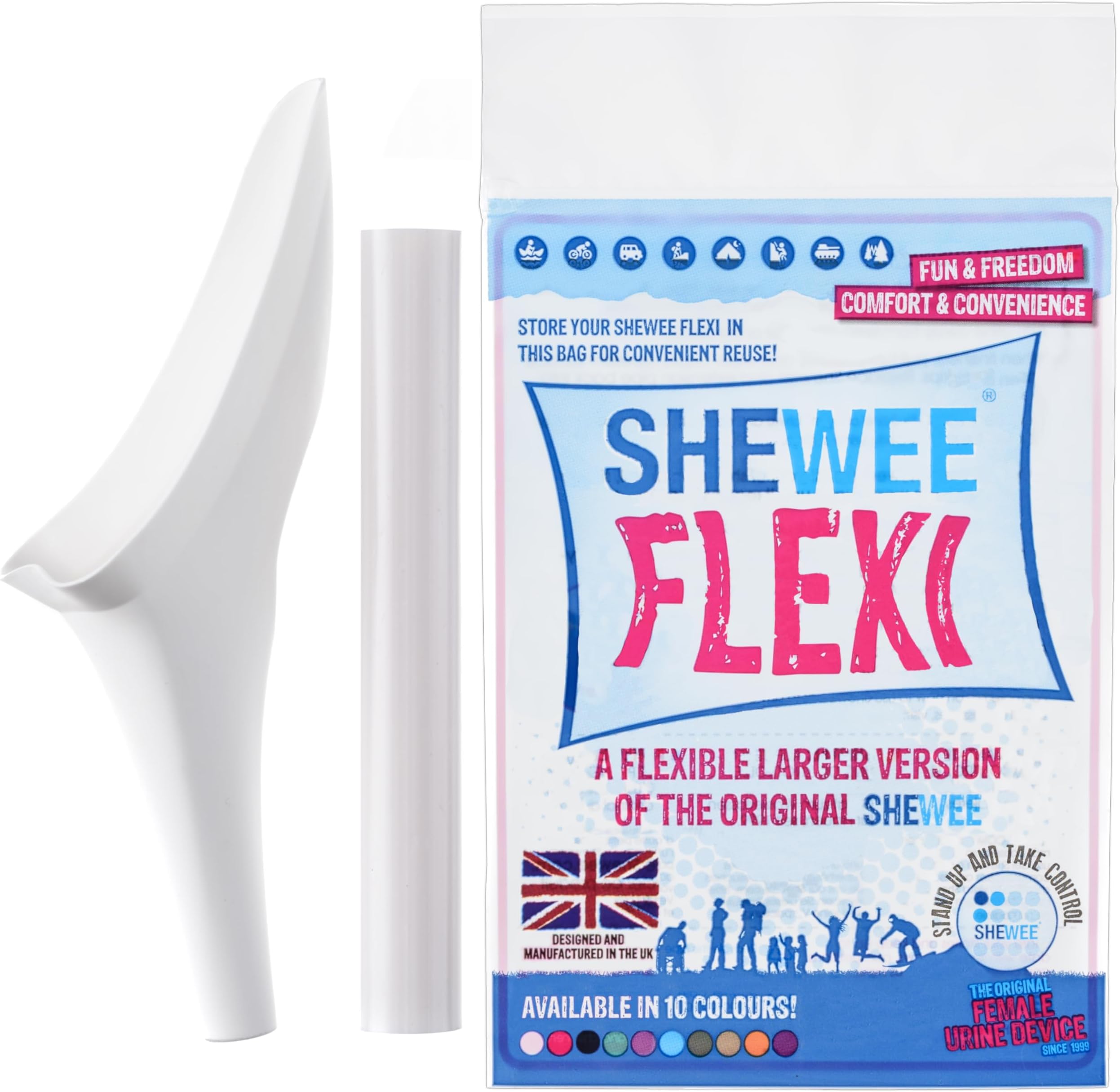 SHEWEE Flexi Female Urinal - Made in the UK – Flexible, Reusable, Portable & Recyclable Urination Device. Festival, Camping, Car, Hiking Essentials for Women. Stand to Pee Device W/Extension Pipe