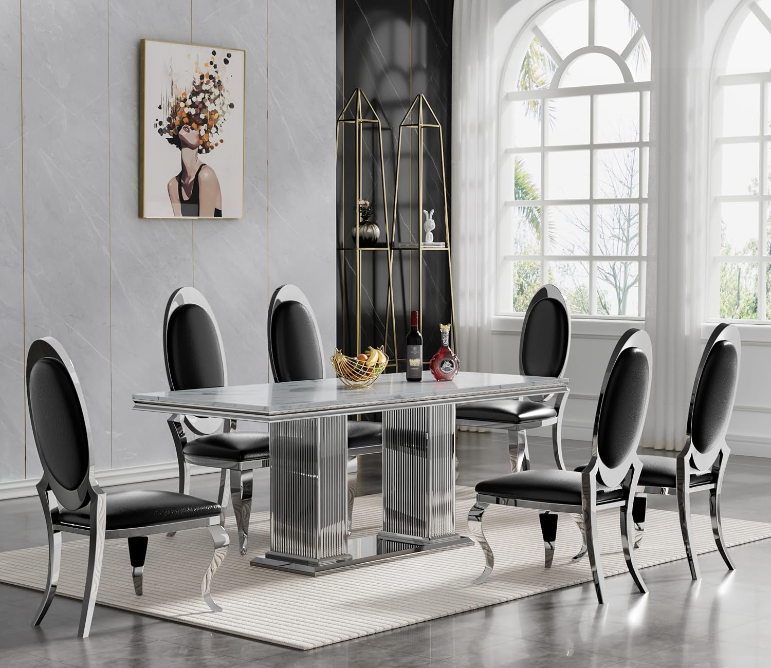 HomVent 7-Piece Faux Marble Dining Table Set for 6, Modern Dining Room Table Set with 6 Upholstered PU Leather Chairs, 68.1'' Faux Marble Kitchen Table & Chair Set for Kitchen, Dining Room