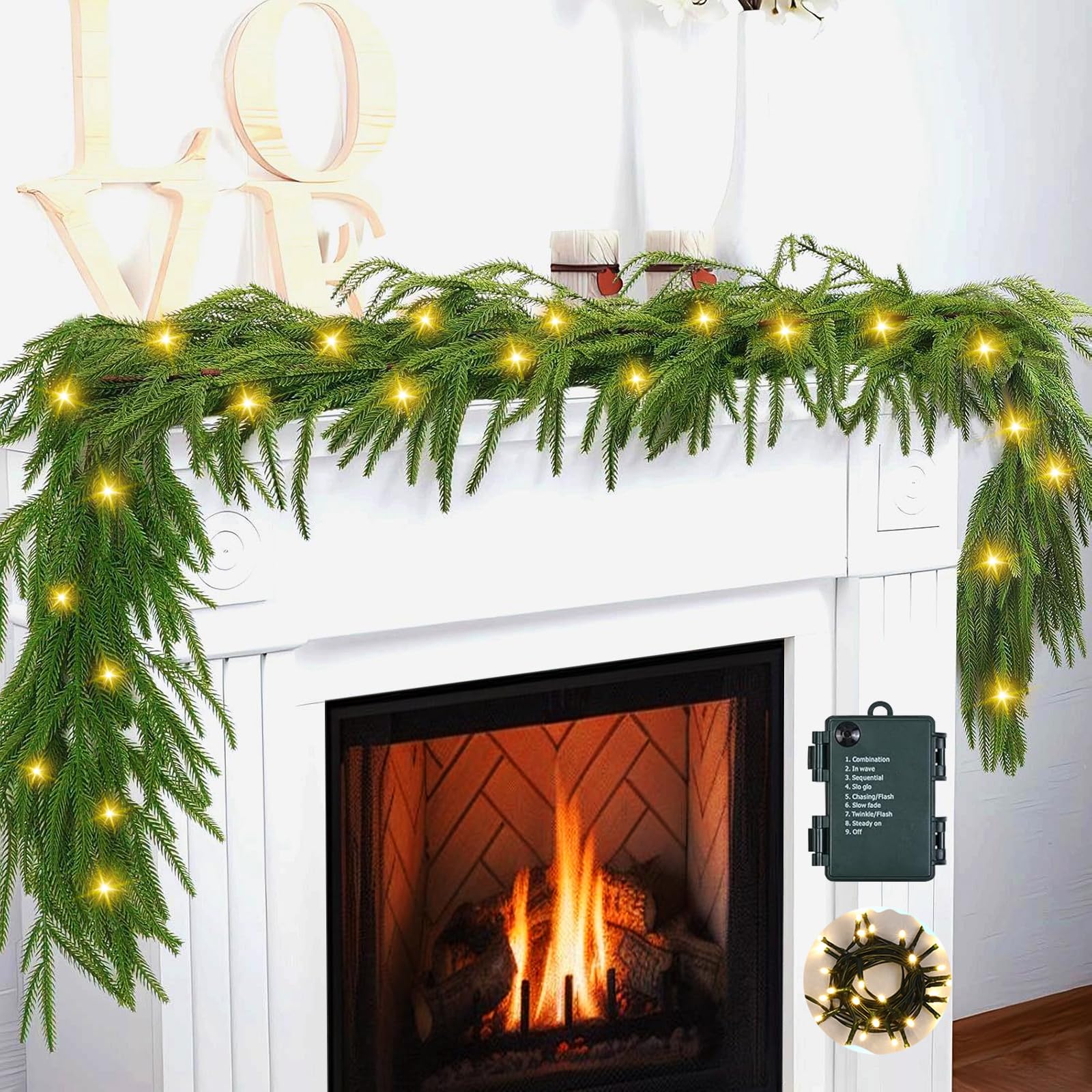 Artificial Norfolk Pine Garlands,Real Touch Winter Christmas Pine Garland with 8 Modes 6.6FT LED String Lights for Table, Mantle, Wall, Indoor, Outdoor Winter Christmas Decorations