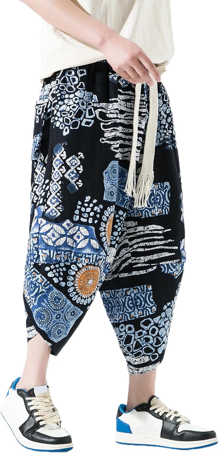 PRIJOUHE Men's Casual Wide Leg Baggy Harem Pant Lightweight Drop Crotch Summer Beach Linen Capri Pants - Image 6