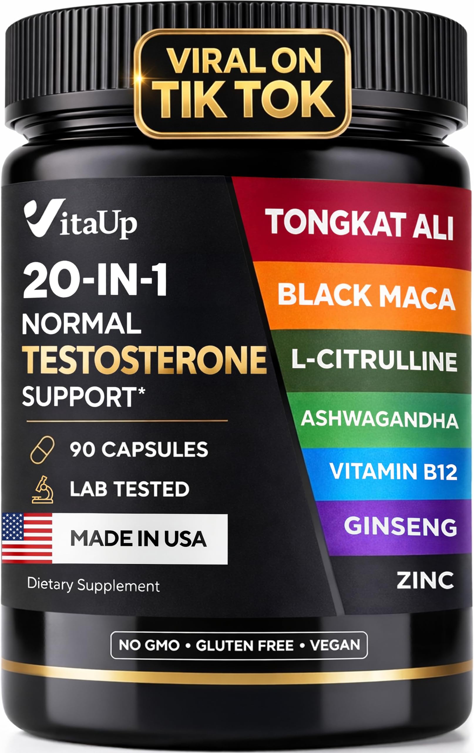 Normal Testosterone Supplement for Men - USA Made Normal Testosterone Support with Tongkat Ali, Black Maca Root, Zinc, Vitamin B12, Ashwagandha - 20 in 1 Advanced Complex - 90 Vegan Caps