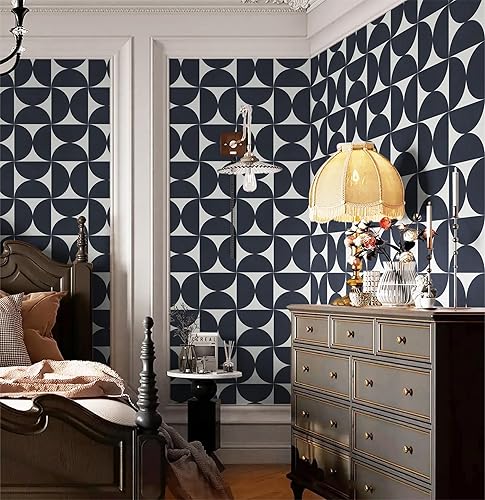 Miniatura 7 de Dimoon Papel tapiz geométrico para despegar y pegar, 236 x 16.1 pulgadas, color azul oscuro y gris, papel de contacto cuadrado, grueso, impermeable,