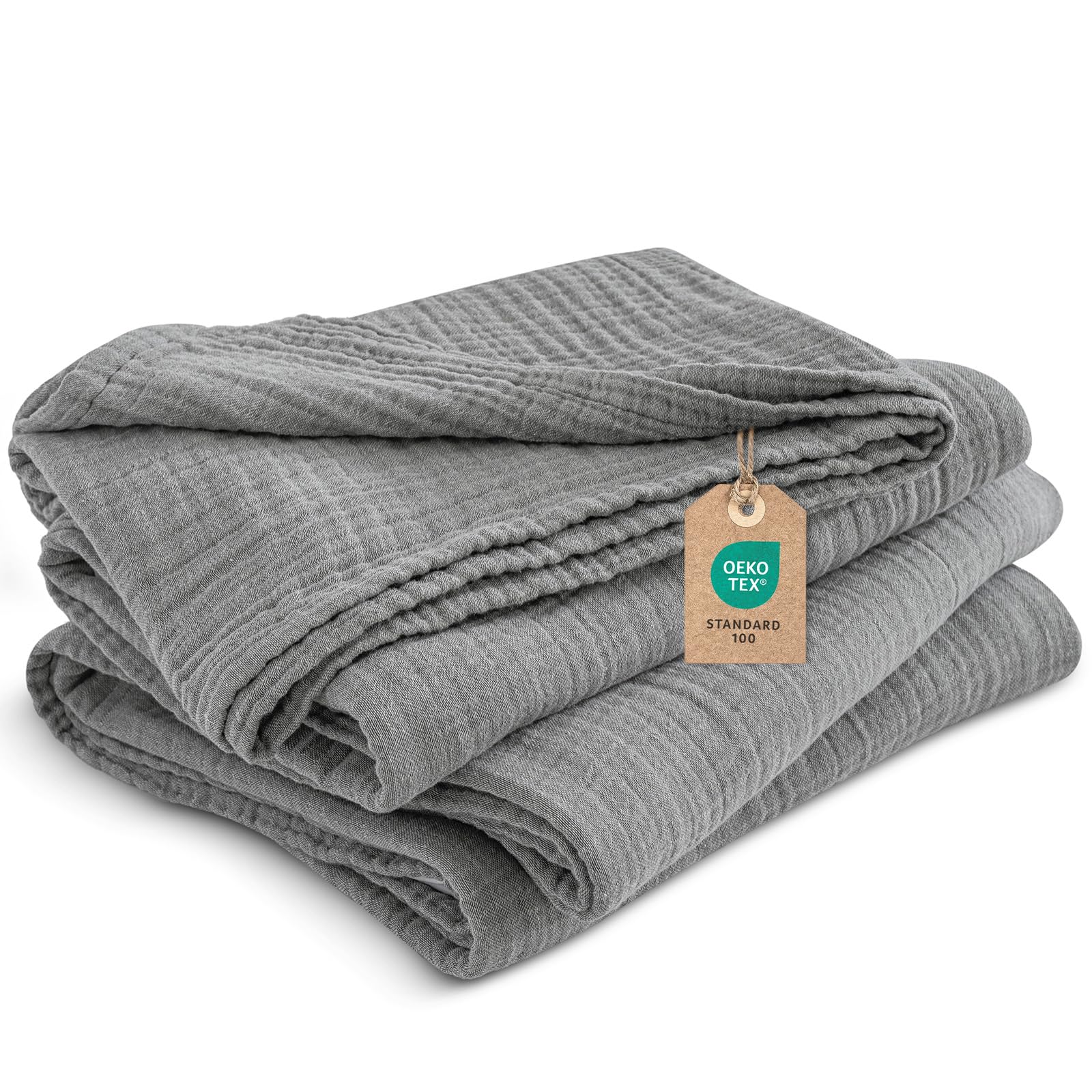 PHF 100% Cotton Muslin Throw Blanket Single Size 130x150cm, 4-Layer Ultra Soft Lightweight Breathable Gauze Blanket for Summer, Elegant Home Decoration for Couch Sofa Bed, Light Grey