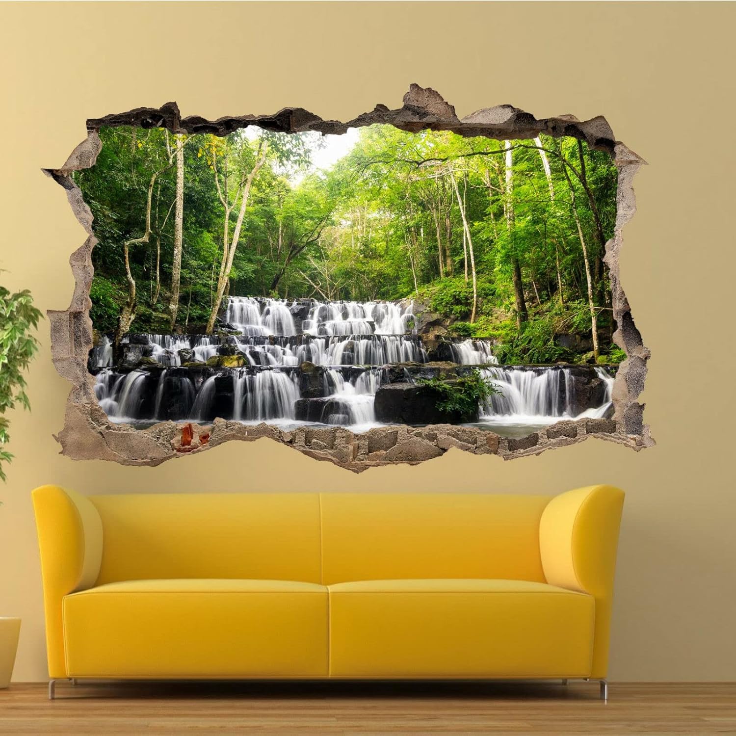Landscape Wall Stickers 3D Smashed Murals Forest Waterfall Removable Waterproof Vinyl Floor Decals Art Modern for Bedroom Living Room Bathroom Door Kitchen Office Nursery Wall Decor 43 x 28 inch