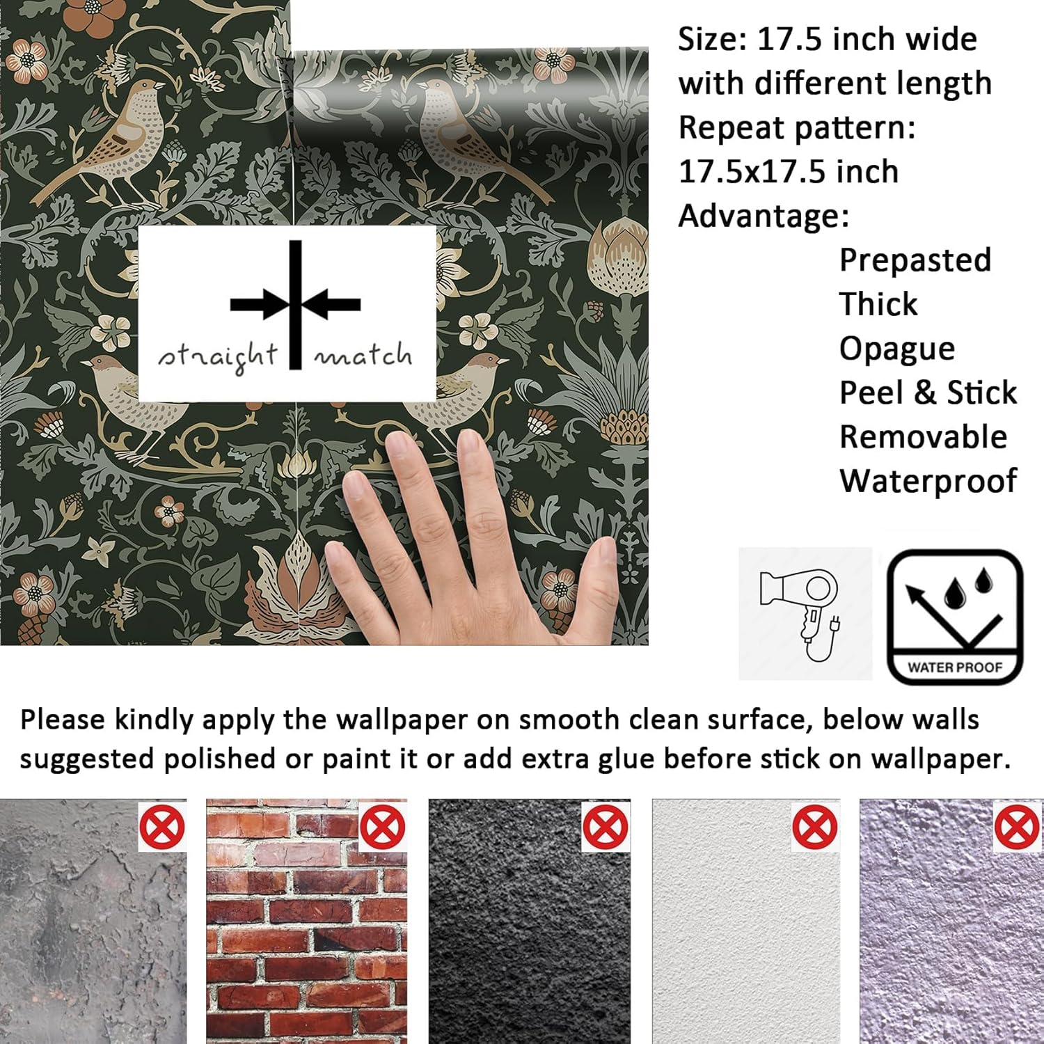 Livelynine 17.5x591 Vintage Peel and Stick Wallpaper William Morris Green Black Antique Victorian Wall Paper for Bathroom Waterproof Self Adhesive Botanical Dark Floral Contact Paper for Furniture