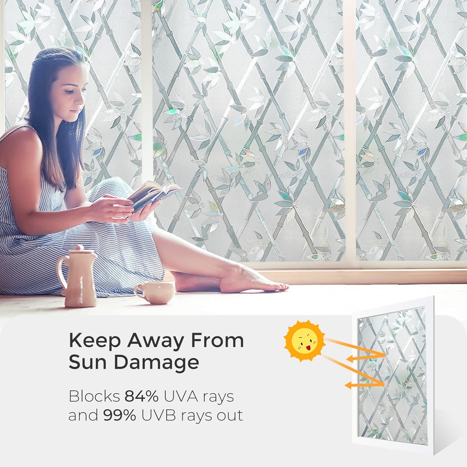 Decorative Static Cling Window Film Rainbow Window Clings Privacy Non-Adhesive Bamboo Glass Film for Living Room Bedroom Kitchen Lobby Porch Office Anti-UV 35.6 x 78.7 inches