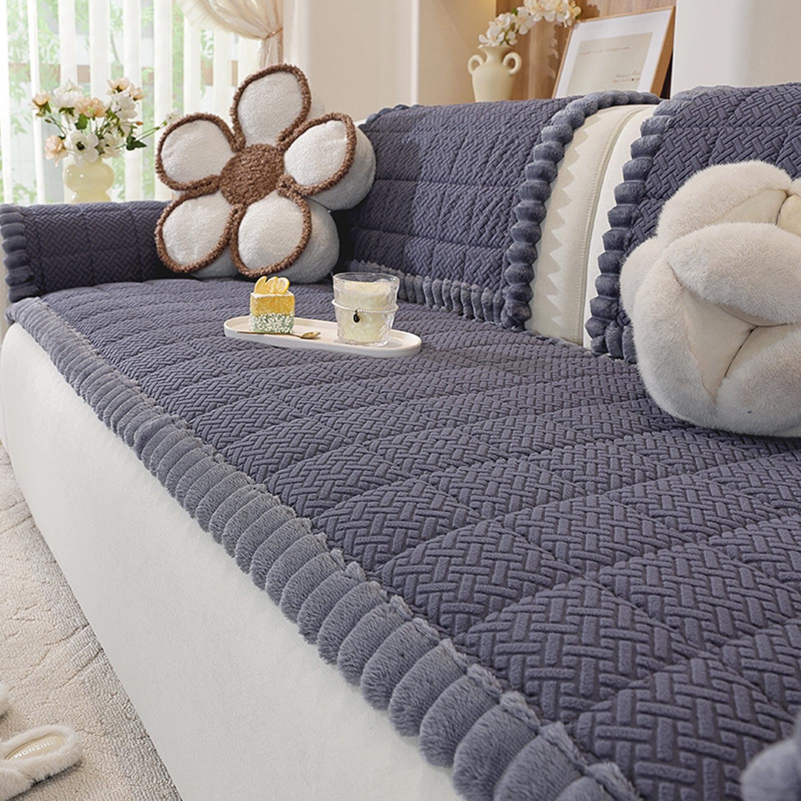 Housse de canapé antidérapante et lavable en peluche gris foncé