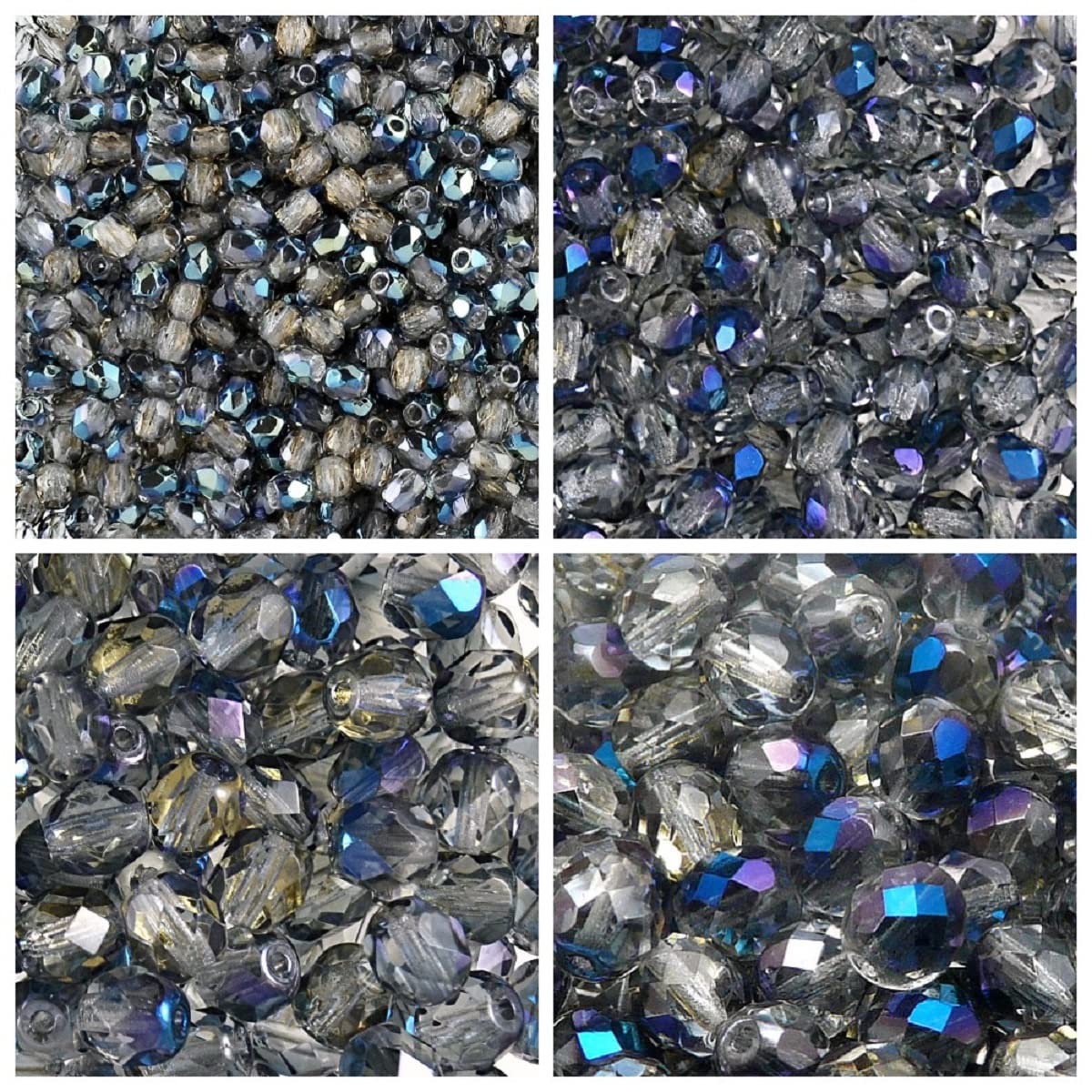 Jablonex Set of 275 Czech Fire Polished Round Glass Beads in Crystal Blue Flare Colour for Jewellery Making - Various Sizes 3mm, 4mm, 6mm, 8mm Total