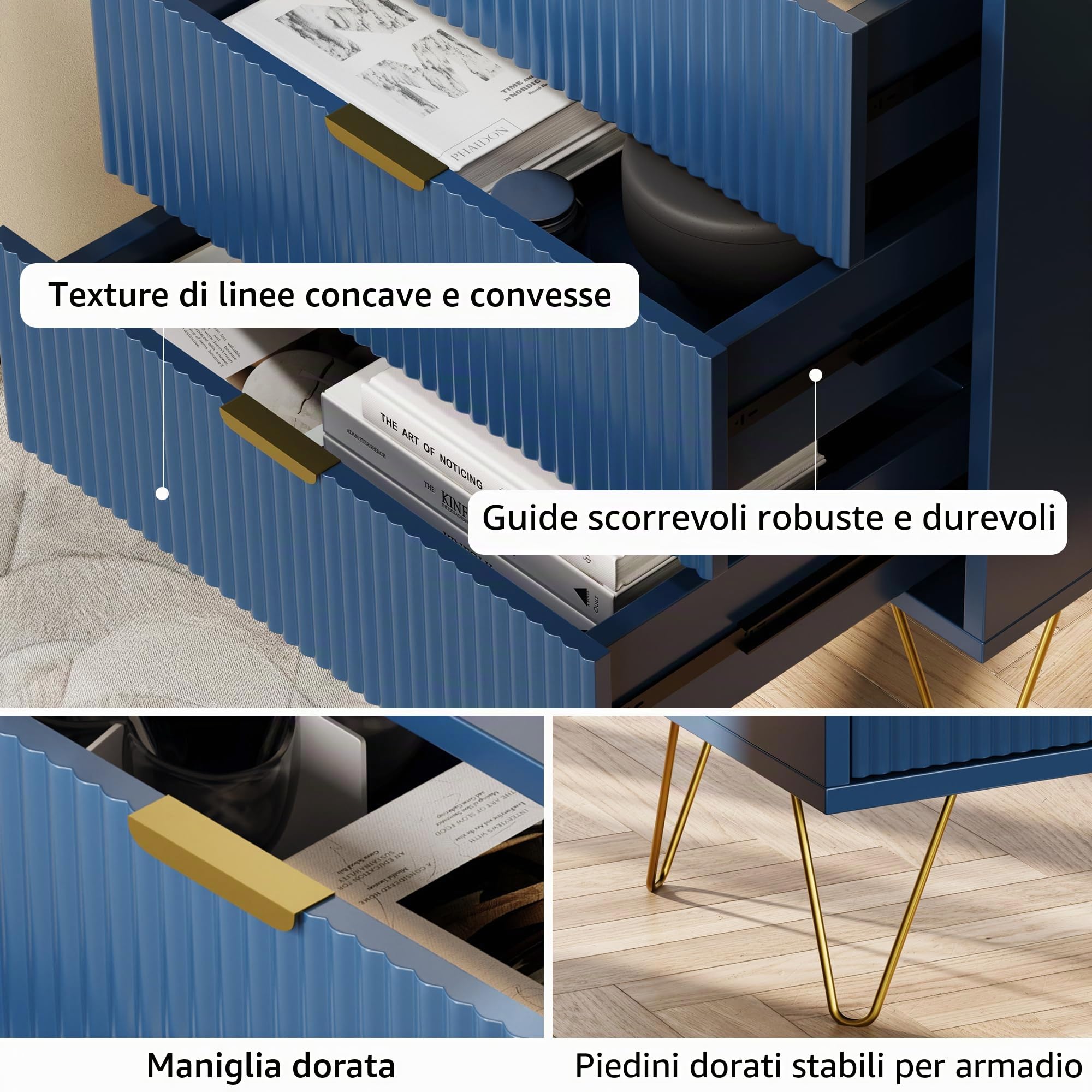 Comodino Moderno, Comò con 3 Cassetti, Tavolino da Salotto, Cassettiera per Camera da Letto, Soggiorno, Gambe in Metallo, Blu Scuro, 60 x 40 x 70 cm