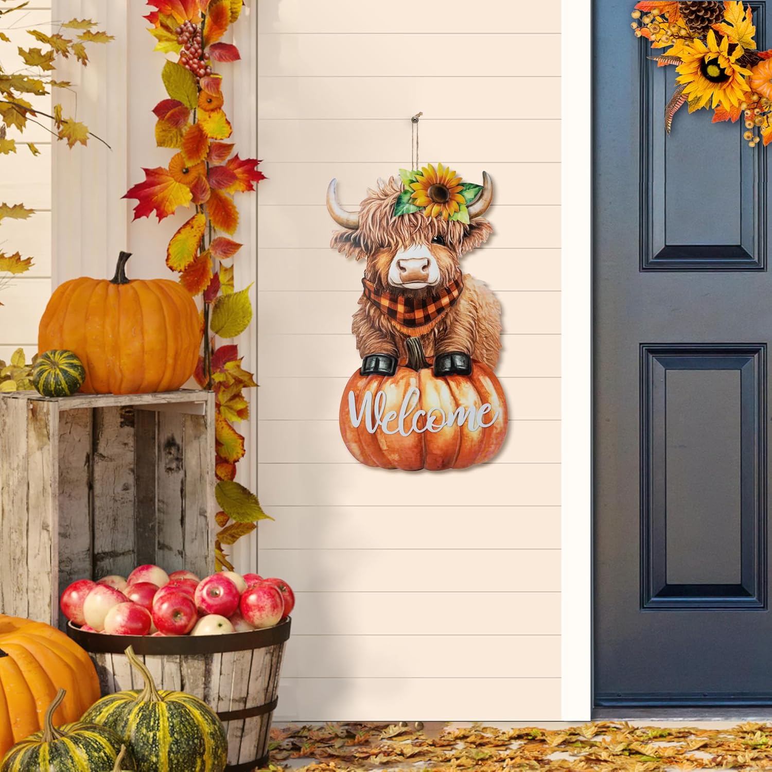Glitzhome Fall Thanksgiving Yard Stake Decorations for Outdoor, 29.75" H Thanksgiving Metal Highland Cow Yard Stake or Wall Décor, Fall Garden Stakes for Patio Pathway Autumn Harvest Decorations