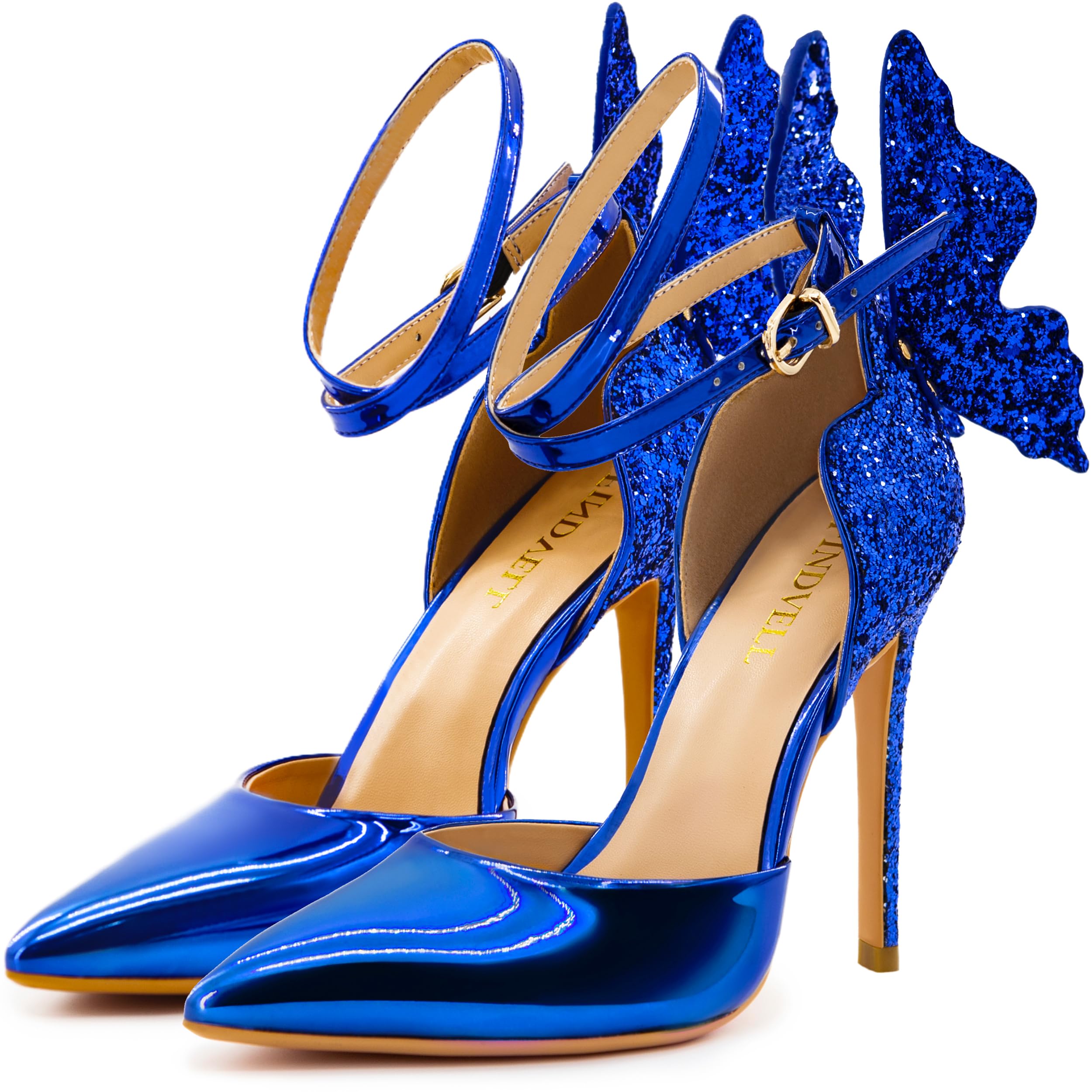 FINDVELL Fashion High Heels Butterfly Back Sexy Stiletto Pumps Closed Toe Sparkly Ankle Strap Heels Sandals Dress Shoes for Women