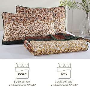 DJY Boho Quilt Set King Size Brown Green Bohemian Striped Bedspread Coverlet Set, Boho Floral Pattern Soft Microfiber Quilted Bedding Set for All Season, 104''x90''