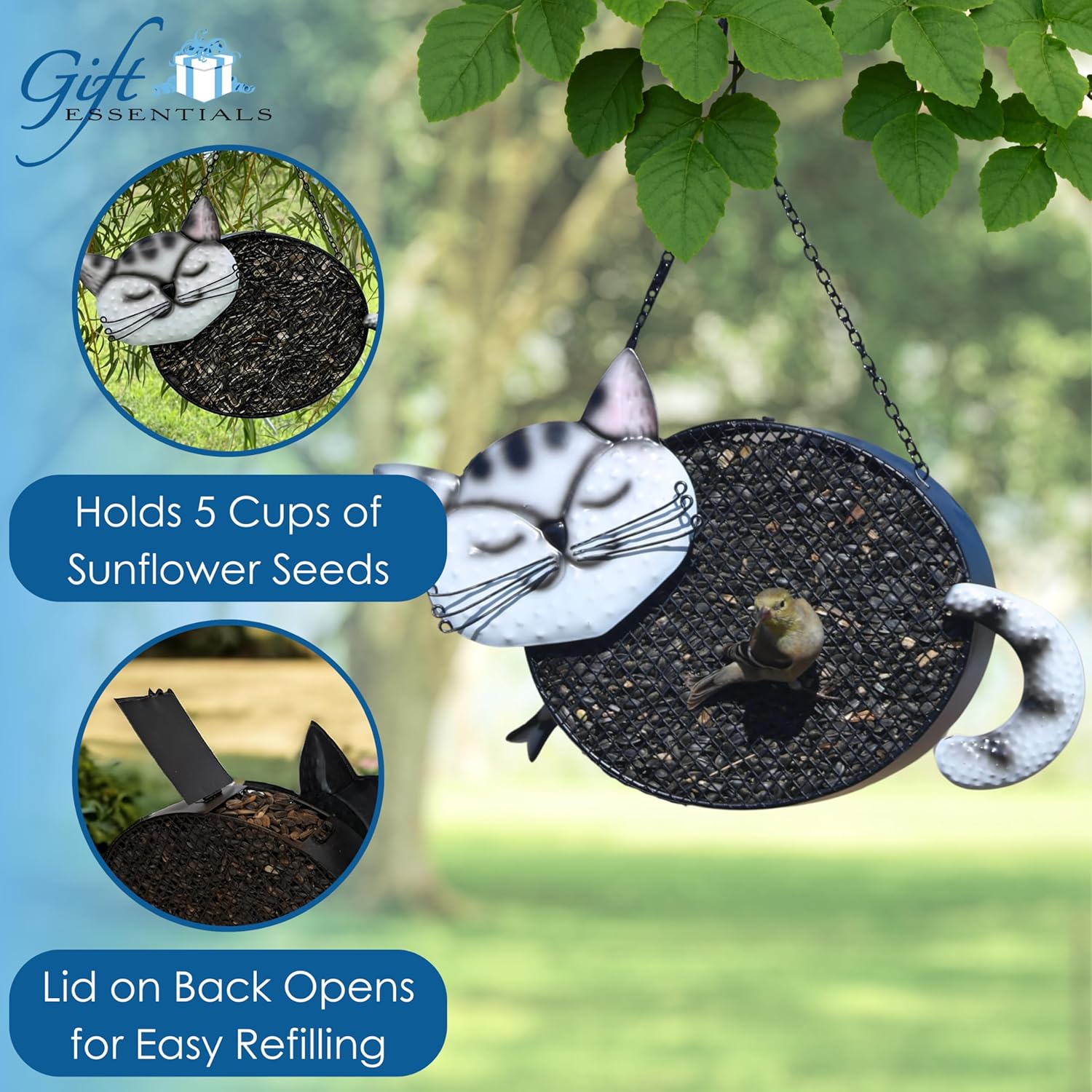 Gift Essentials Metal Mesh Bird Feeder, Smiling Cat with Moving Head and Hanging Chain, Holds Approximately 5 Cups Bird Seed