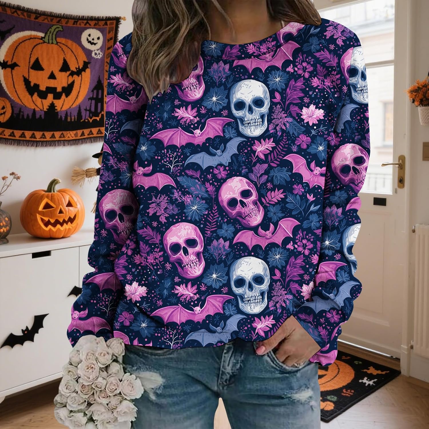 LIZALIG Pullover Cute Sweatshirt Orange Skeleton Fall Festive FunWomens Design Bat Holiday Party Outings Pumpkin Print - Image 3