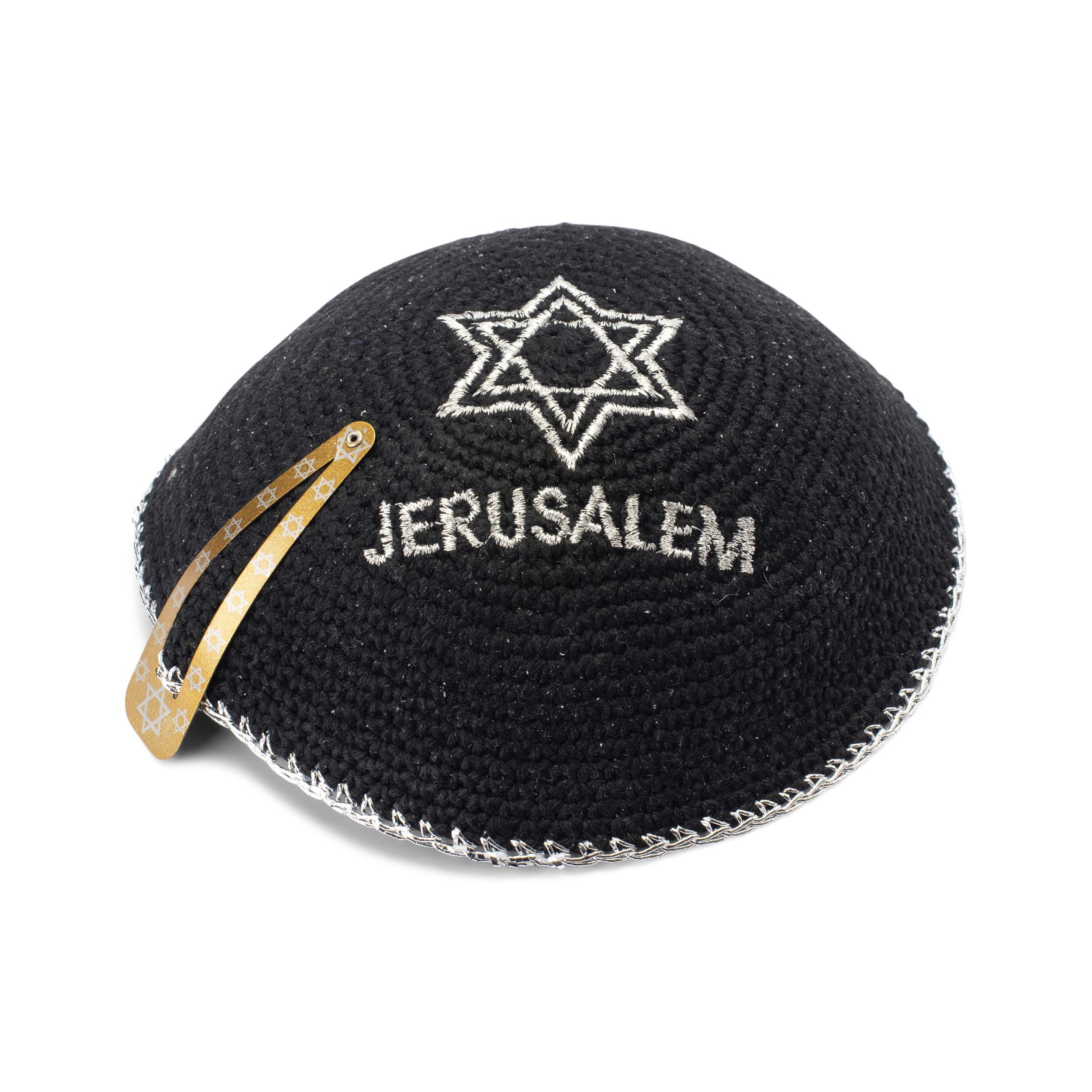 JL Kippah Jewish Israel Cotton Embroidery Knitted Black Jerusalem Silver Star of David