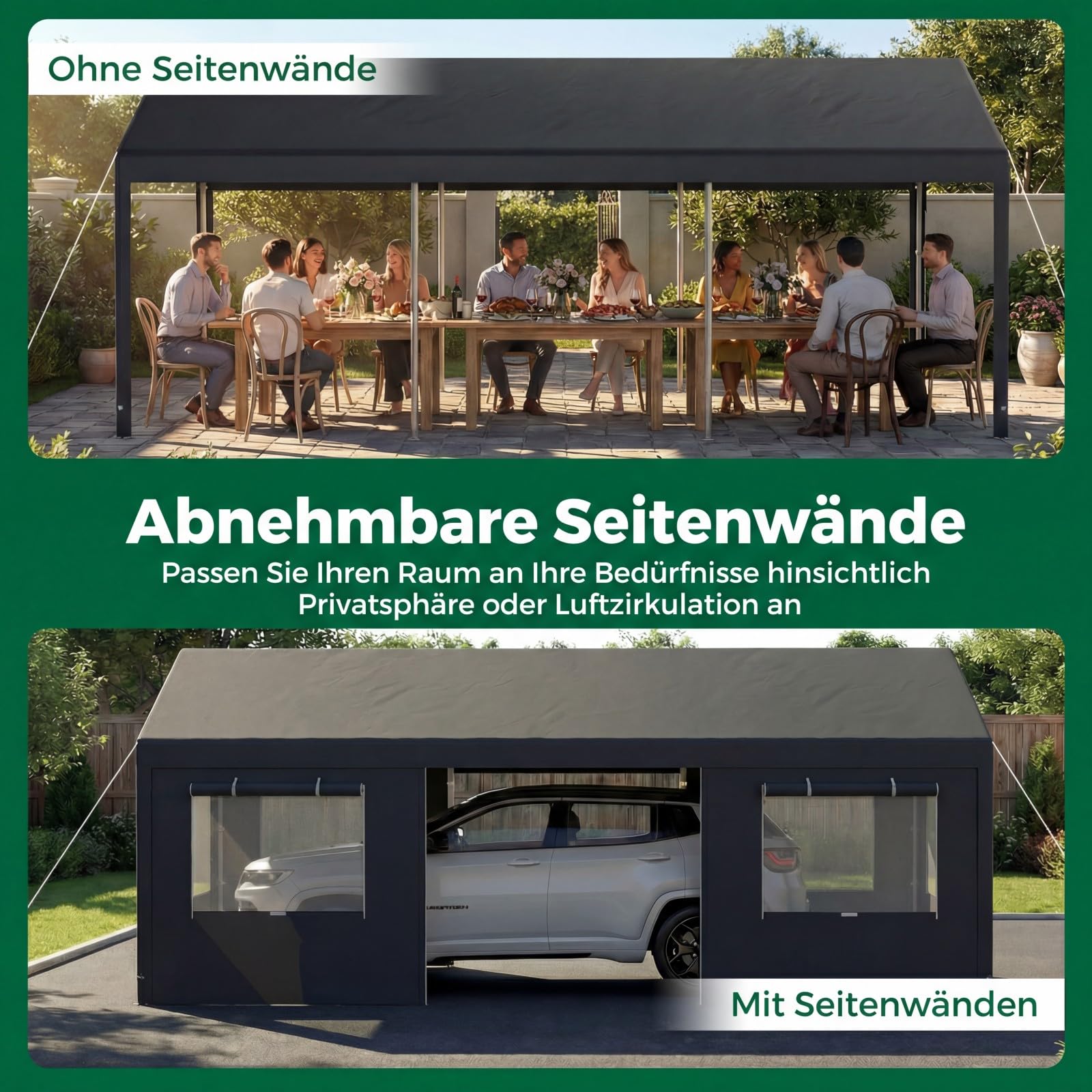 GYMAX extra großes Carport Zeltgarage, Lagerzelt mit aufrollbaren Fenstern, abnehmbaren Seitenwänden &Türen, wasserfeste PE-Plane, wetterfeste Autogarage für Auto, SUV (3.6 x 6 m,Dunkelgrau)