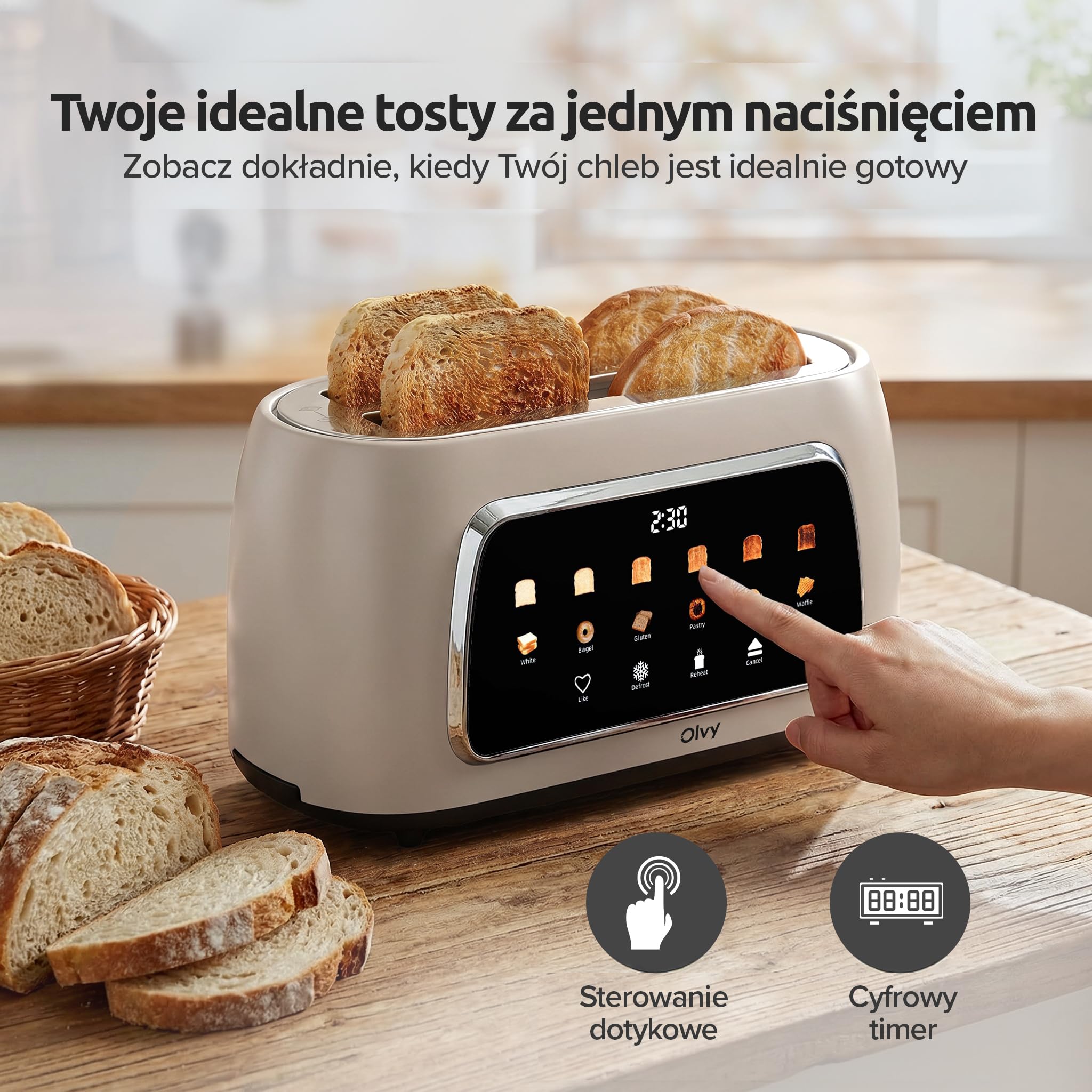 Olvy Toster na 4 Kromki z Wyświetlaczem LCD i Timerem Odliczającym – Ekstra Szerokie Szczeliny na Gruby Chleb – 6 Poziomów Zrumienienia, Rozmrażanie i Podgrzewanie – 1500W – Beige
