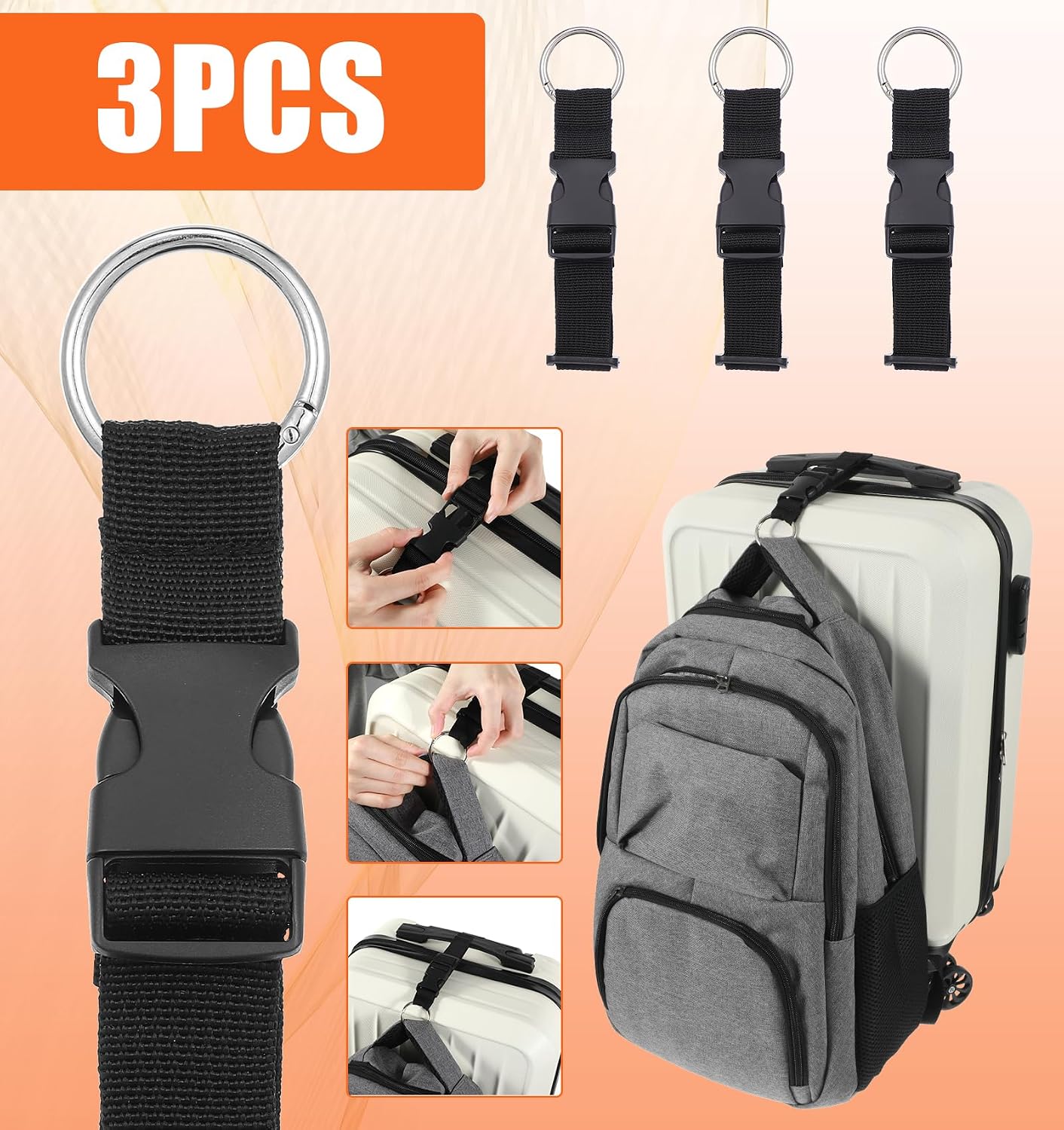 3 Pcs Luggage Straps, Adjustable Add a Bag Strap with Clips, Hands Free Jacket Holder for Connecting Luggage or Backpack (Black)