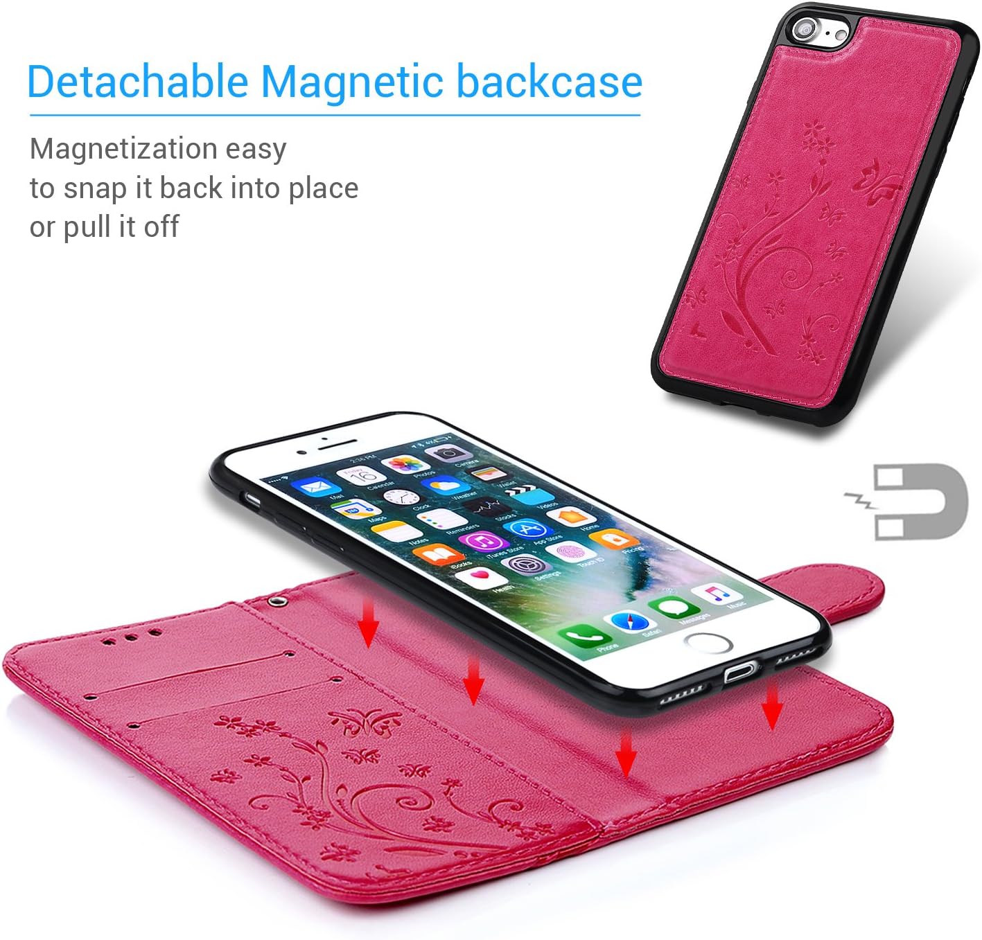 Compatible with iPhone 7 Case, iPhone 8 Wallet Case PU Embossed Butterfly Flower Leather Detachable Wallet with Card Holder and ID Slot Cover for iPhone 7 & iPhone 8 4.7 inch Hot Pink
